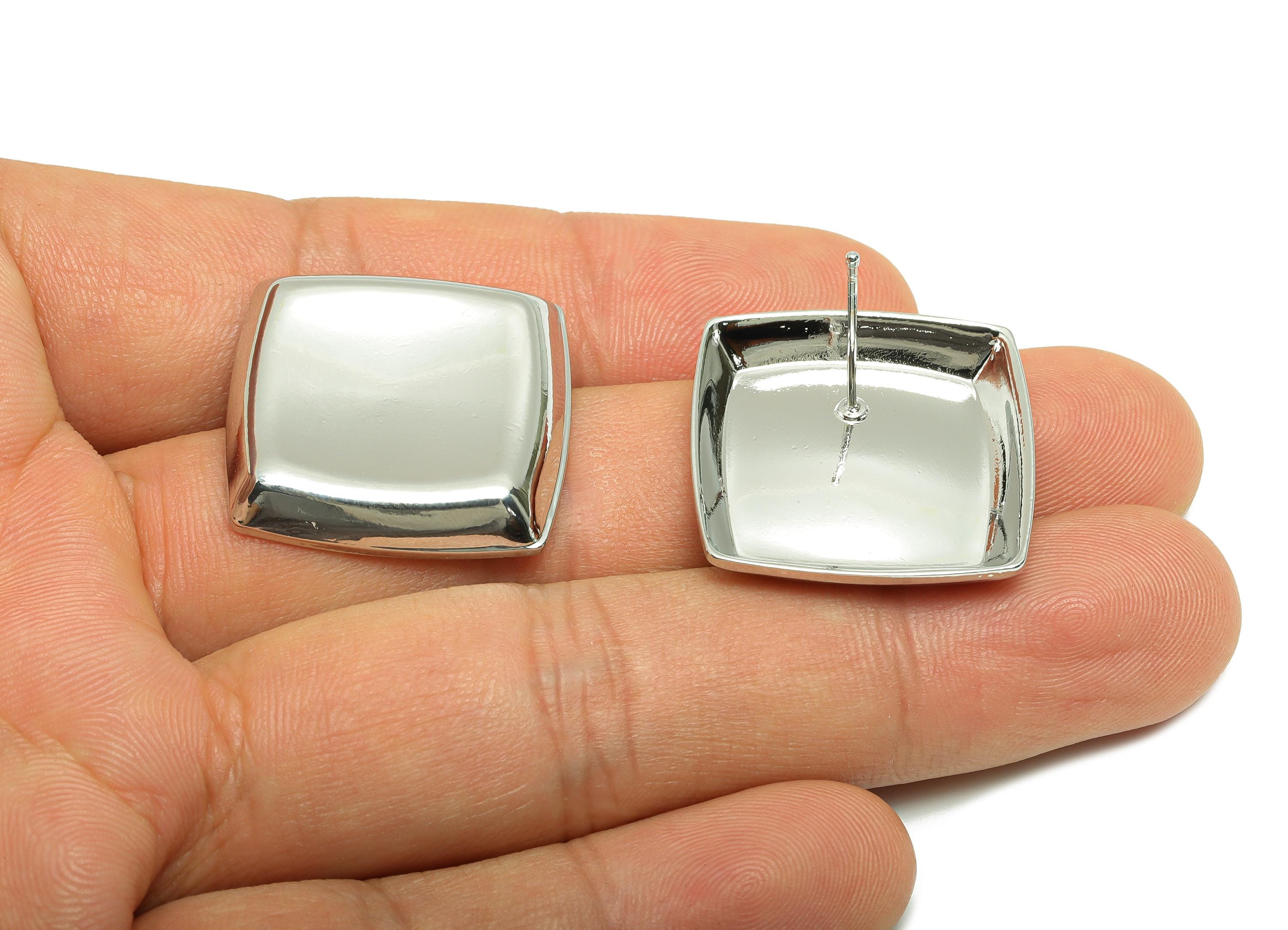 Bold Square Concave Earring Post - Brass Elegant Concave Stud Earring - Trendy Vintage Stud Earring - White Gold Plated - 31x24x3mm-RGP10060 - DOMEDBAZAAR