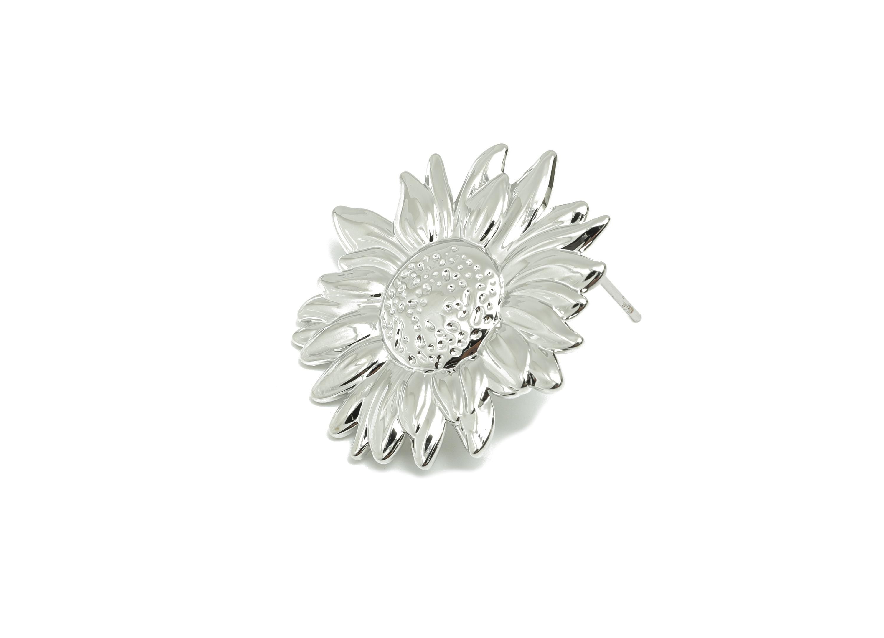 Brass Sunflower Earring - Brass Nature-Inspired Sunflower Earring Post - Delicate Sunflower Earring - White Gold Plated - 27x26x2mm-RGP10050 - DOMEDBAZAAR