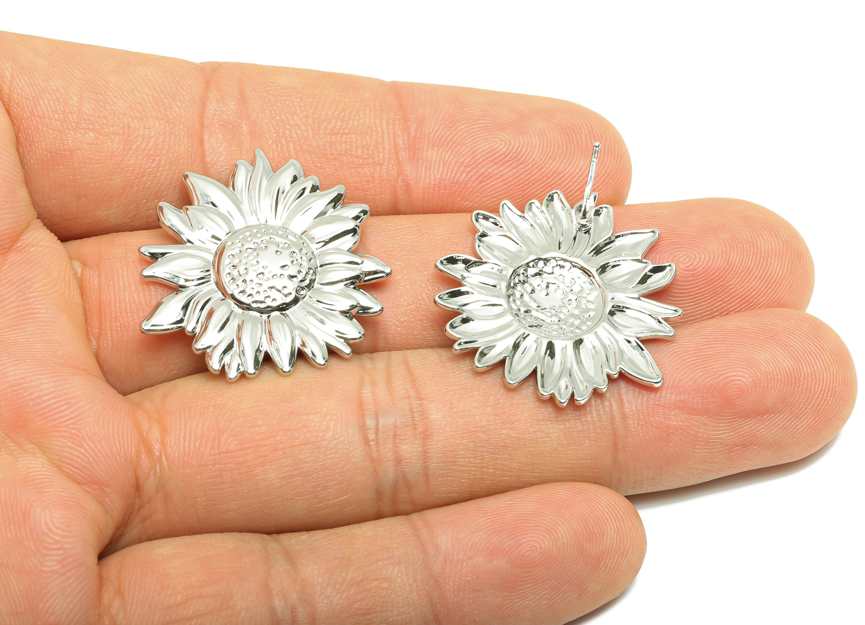 Brass Sunflower Earring - Brass Nature-Inspired Sunflower Earring Post - Delicate Sunflower Earring - White Gold Plated - 27x26x2mm-RGP10050 - DOMEDBAZAAR