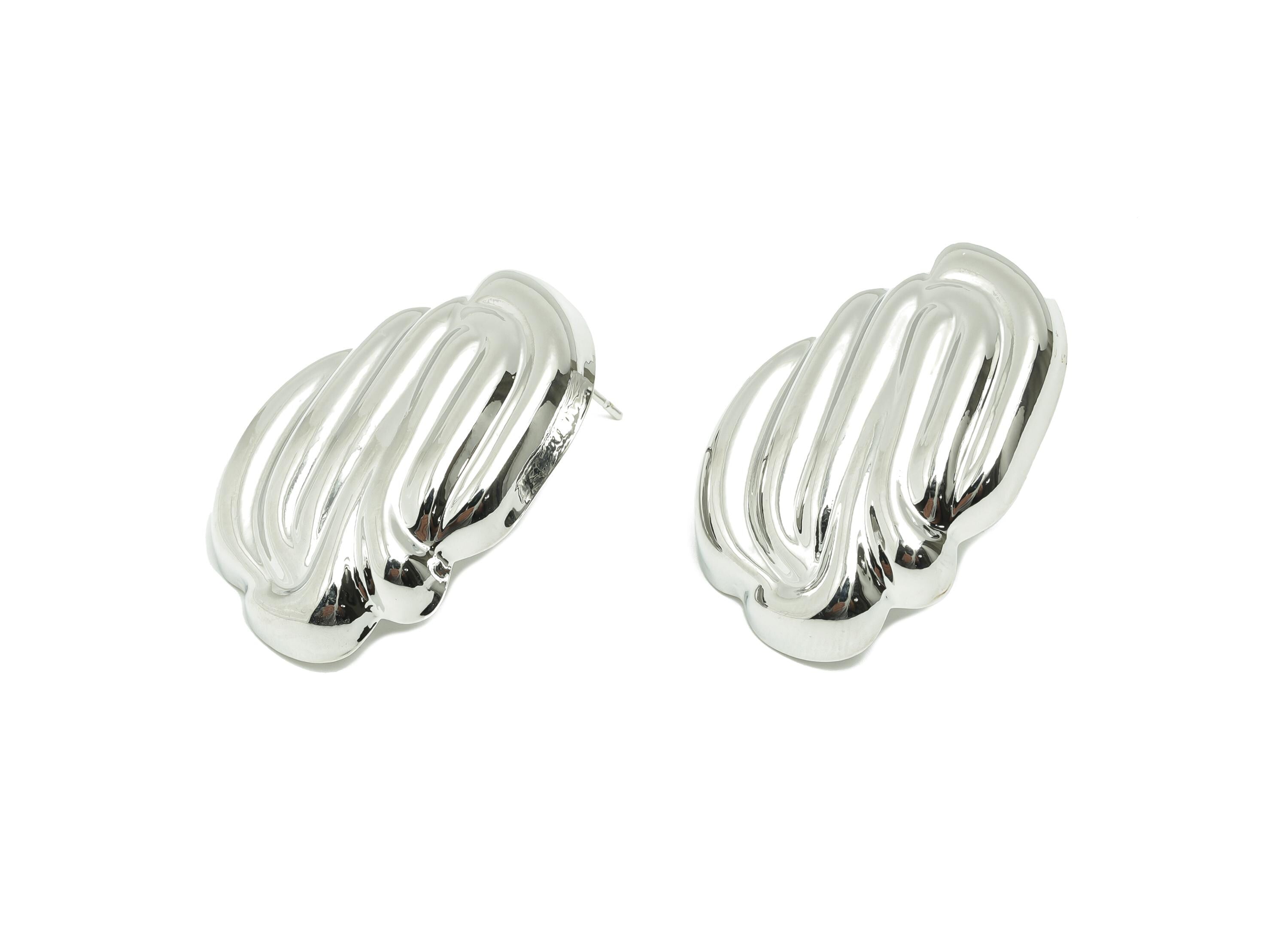 Bold Textured Earring - Brass Abstract Sculpted Earring - Elegant Rippled Unique Earring Post - White Gold Plated - 33x24x6mm - RGP10042 - DOMEDBAZAAR