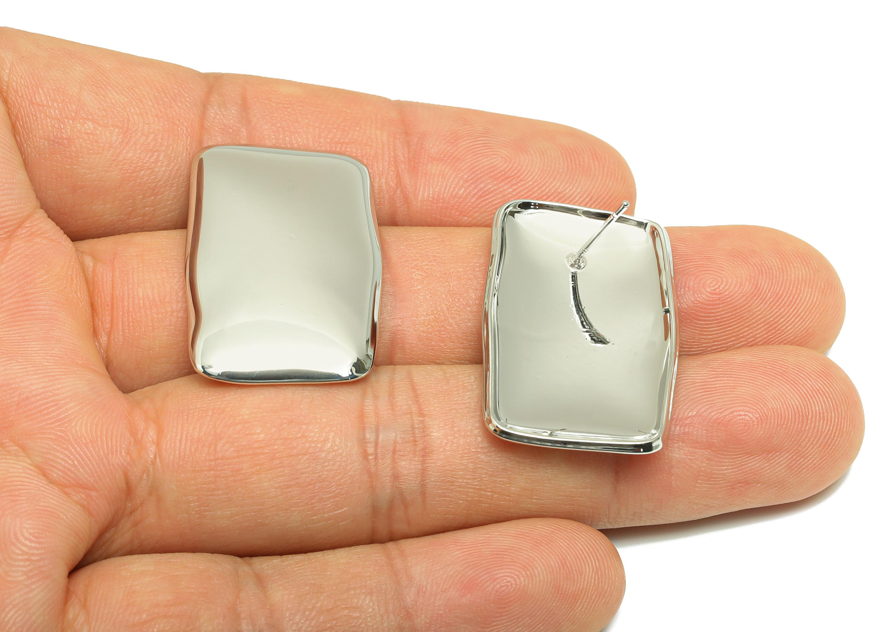 Vintage Geometry Earring - Brass Contemporary Polished Earring Stud - Sleek Geometric Earring Stud - White Gold Plated - 31x19x2mm -RGP10094 - DOMEDBAZAAR