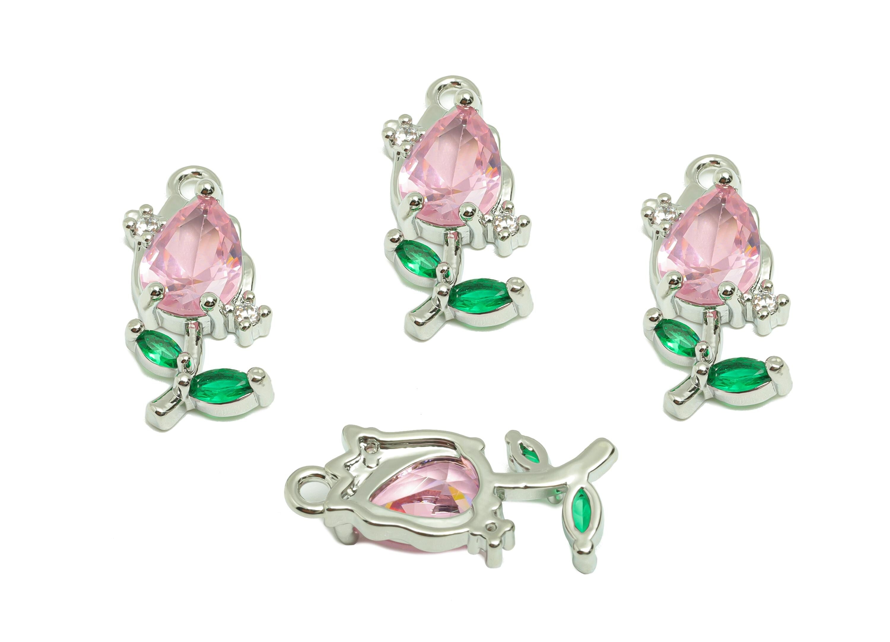 Rose Gemstone Pendant - Brass Zircon Vintage Pendant - Luxury Teardrop Crystal Elegant Jewelry - White Gold Plated - 21x9x4mm - RGP10129 - DOMEDBAZAAR