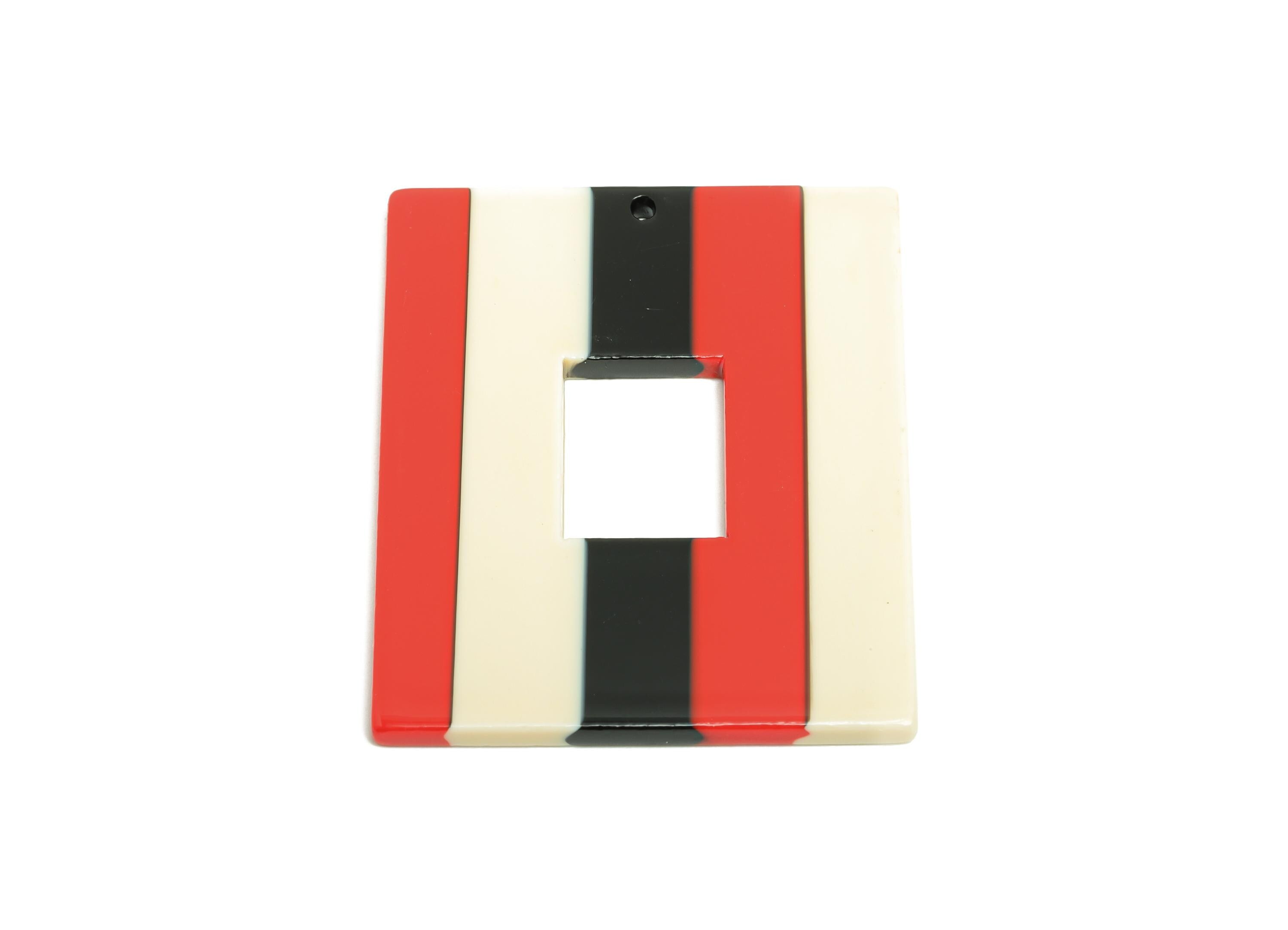 Acetic Acid Striped Charm - Bold Red Black Cream Geometric Charm - Modern Jewelry - Handmade Accessory - 48.92x39.65x2.54mm - AC2614-A1048 - DOMEDBAZAAR