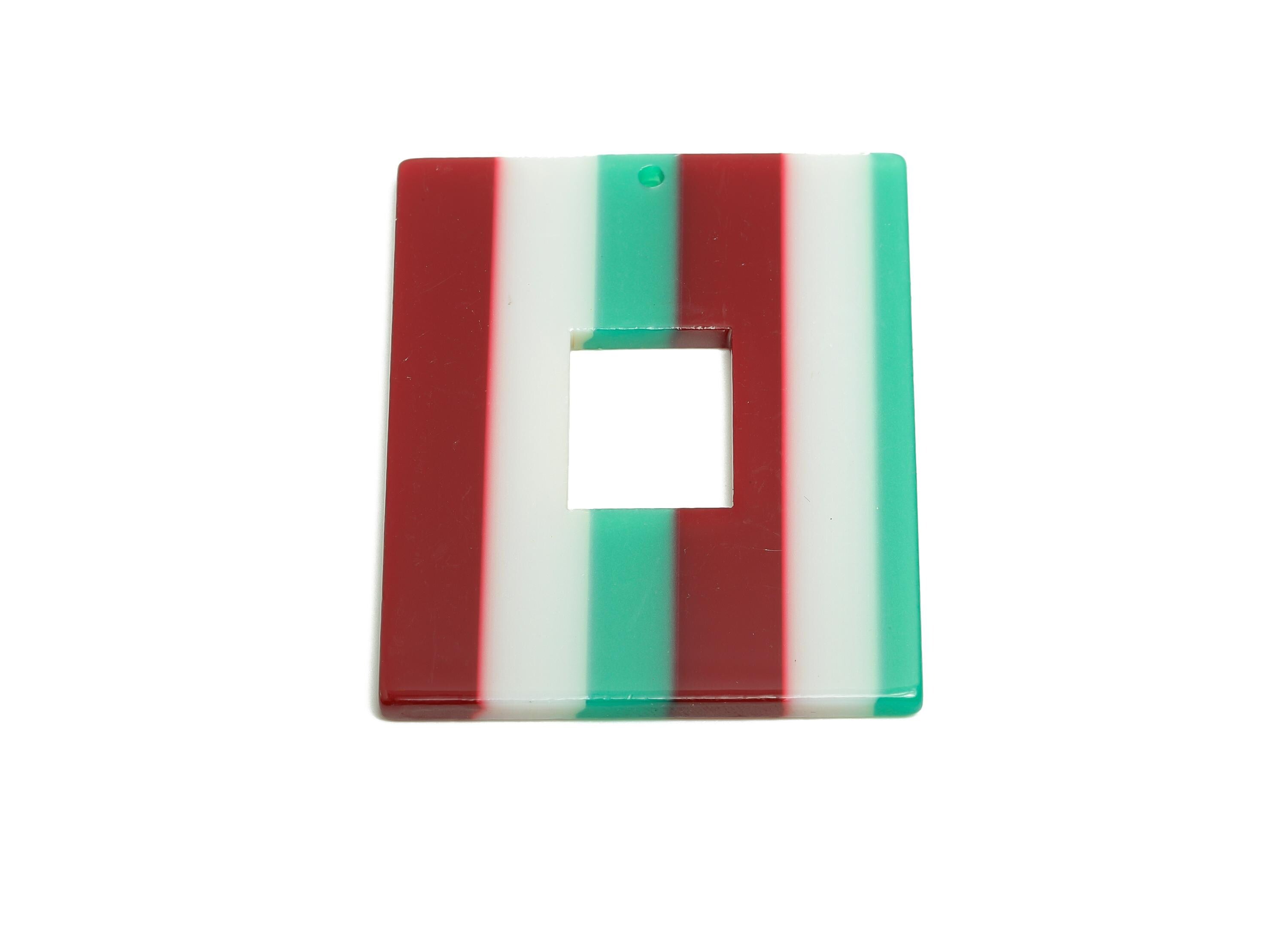 Acetic Acid Striped Charm - Bold Red Green Cream Geometric Charm - Modern Jewelry - Handmade Accessory - 48.92x39.65x2.54mm - AC2614-A1050 - DOMEDBAZAAR