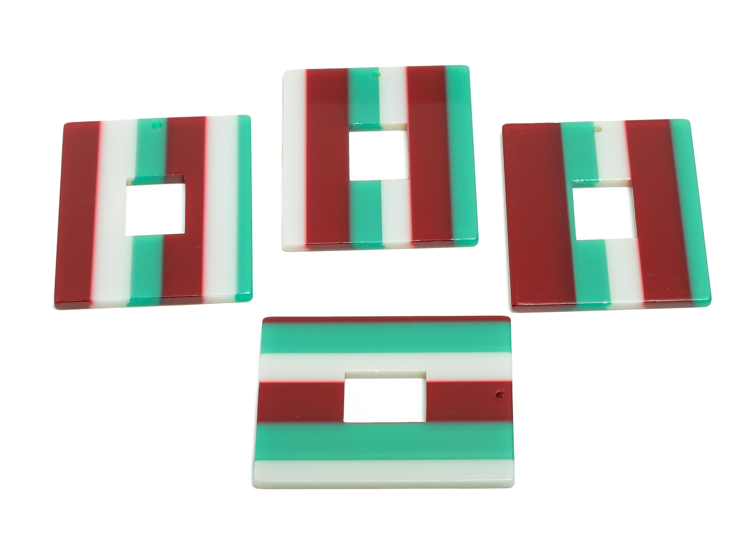 Acetic Acid Striped Charm - Bold Red Green Cream Geometric Charm - Modern Jewelry - Handmade Accessory - 48.92x39.65x2.54mm - AC2614-A1050 - DOMEDBAZAAR