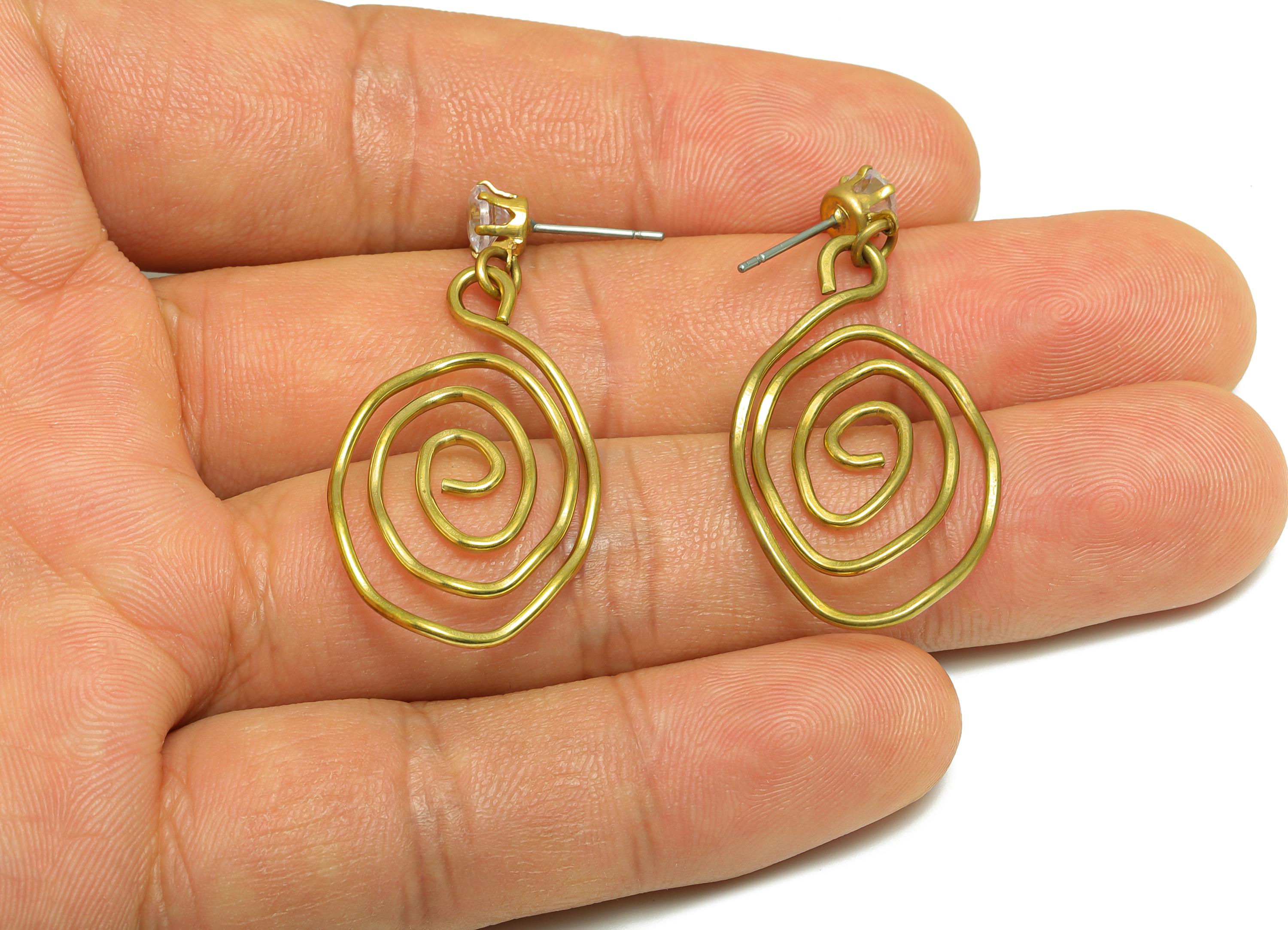 Brass Spiral Dangle Earring - Raw Brass Abstract Drop Earring Stud - Elegant Zircon Classic Jewelry - Gift For Woman - 33x9x2mm - PP10976 - DOMEDBAZAAR
