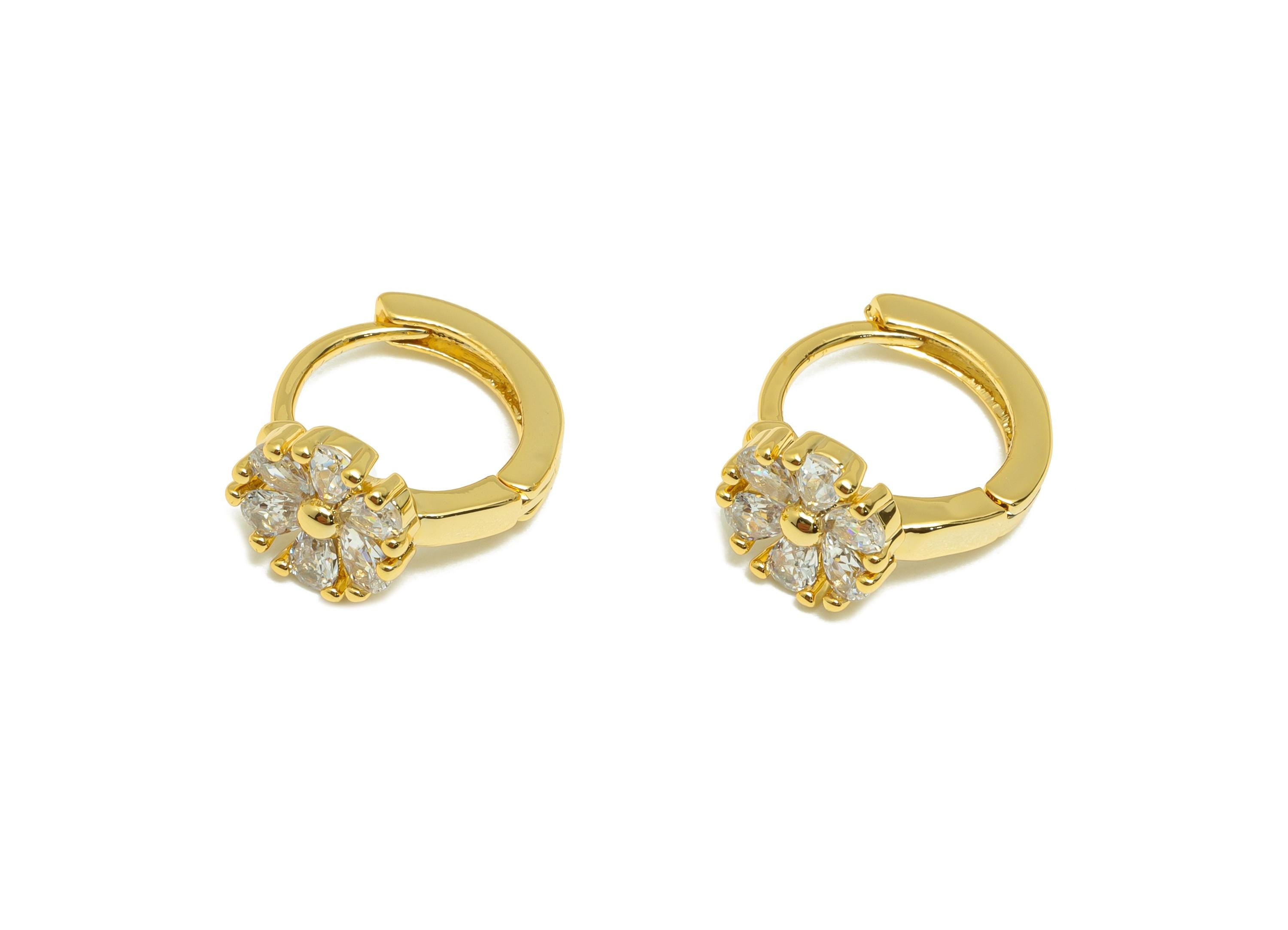 Brass Flower Hoop Earring - Gold Zircon Huggie Earring for Women - Daily Wear Ear Clasp - 18K Real Gold Plating - 13.1x11.53x1.84mm- RGP9131 - DOMEDBAZAAR