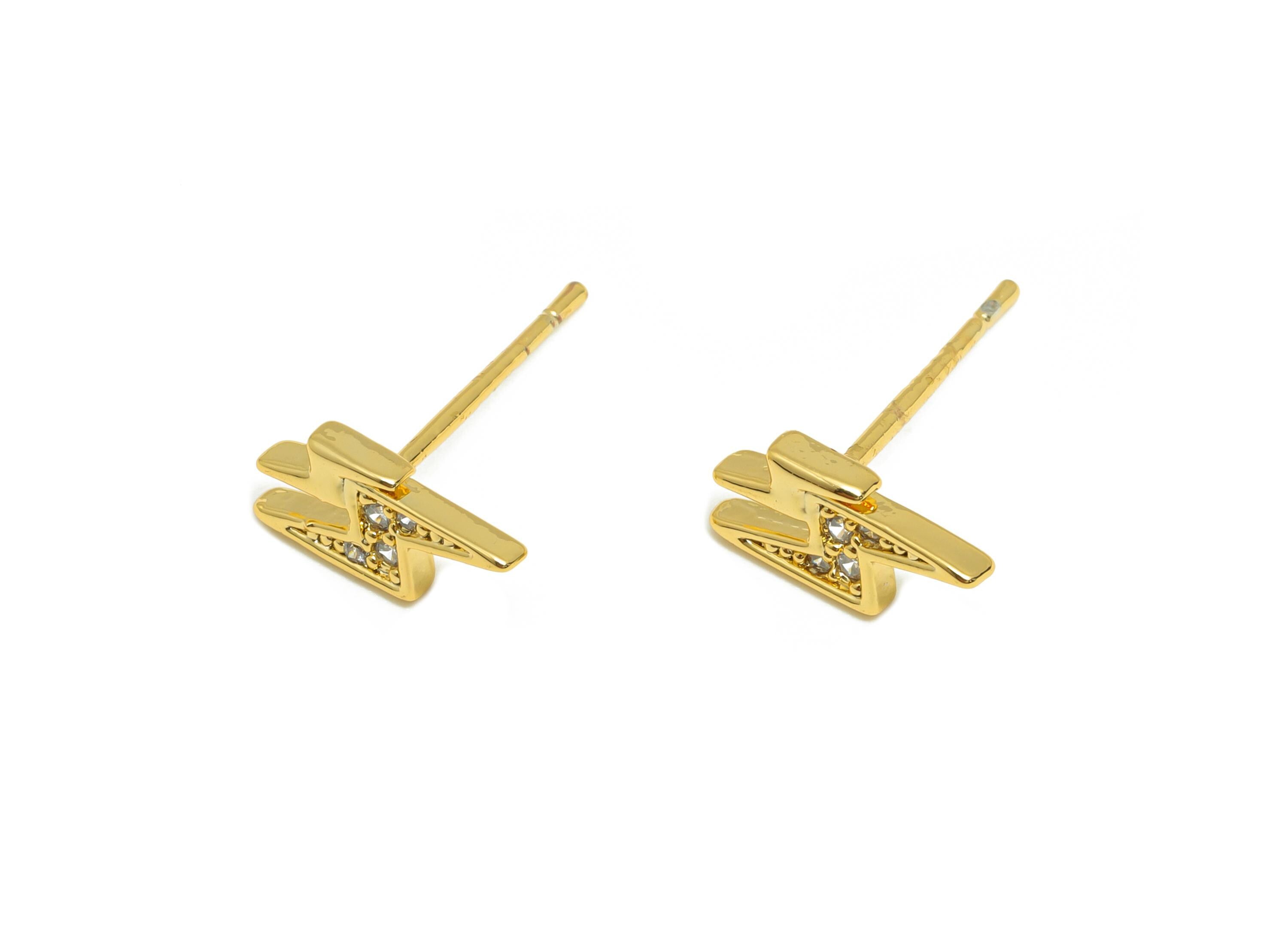 Brass Lightning Earring - Mini Zircon Earring Stud for Girls - Gold Daily Wear Earring - 18K Real Gold Plating - 10.09x4.76x1.32mm - RGP9132 - DOMEDBAZAAR