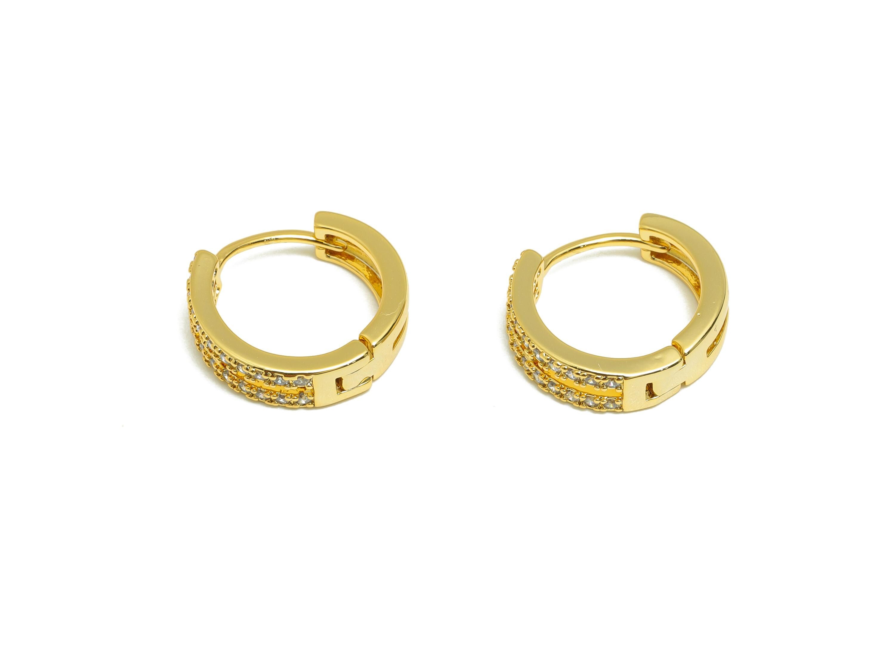 Brass Round Huggie Earring - Gold Zircon Earring for Girls - Textured Daily Wear Hoop Ear - 18K Real Gold Plated -13.66x12.92x1.71mm-RGP9135 - DOMEDBAZAAR