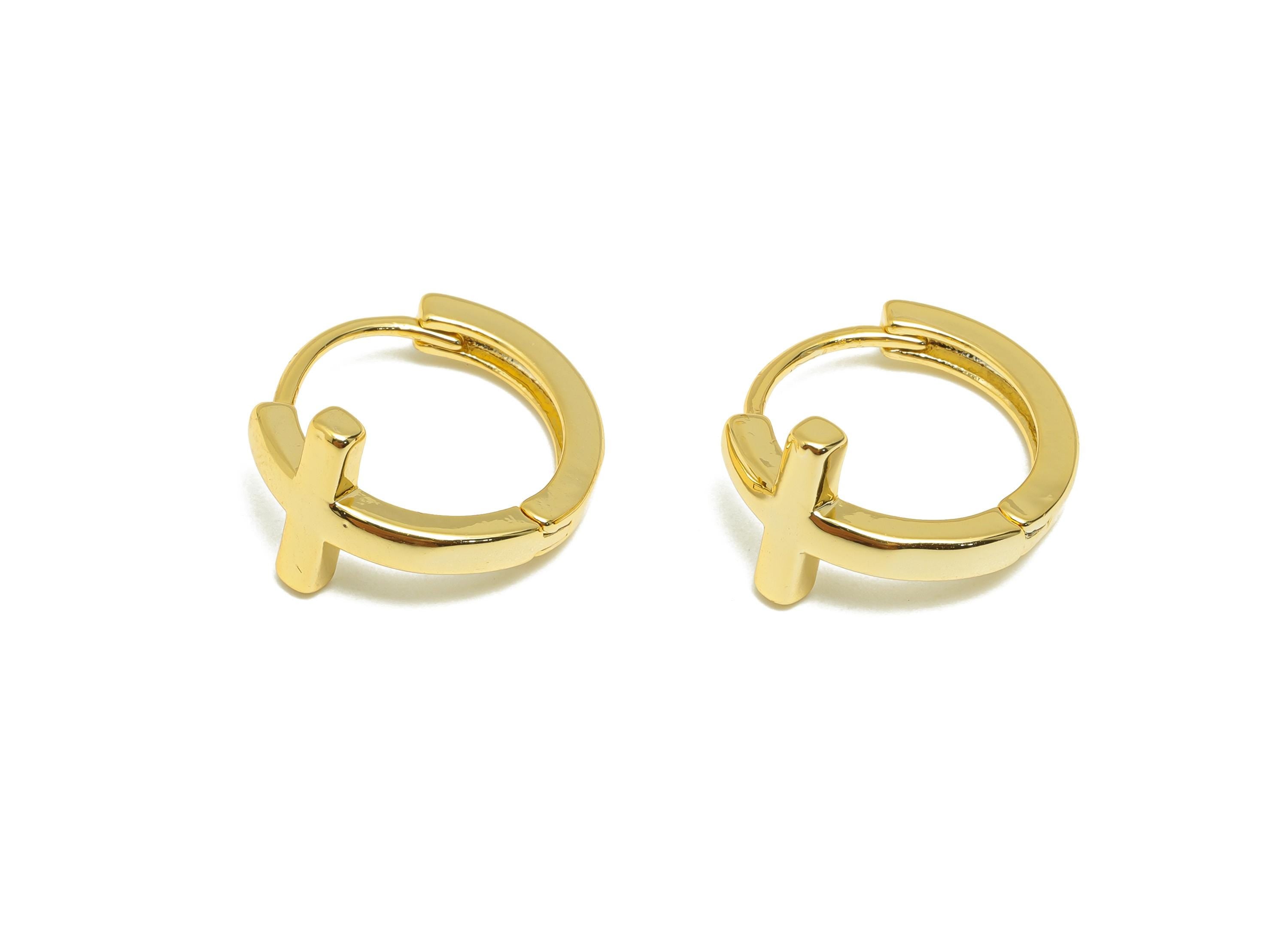 Brass Cross Hoop Earring - Gold Huggie Earring for Women - Minimalist Daily Wear Earring - 18K Real Gold Plating -15.93x9.48x1.73mm -RGP9137 - DOMEDBAZAAR