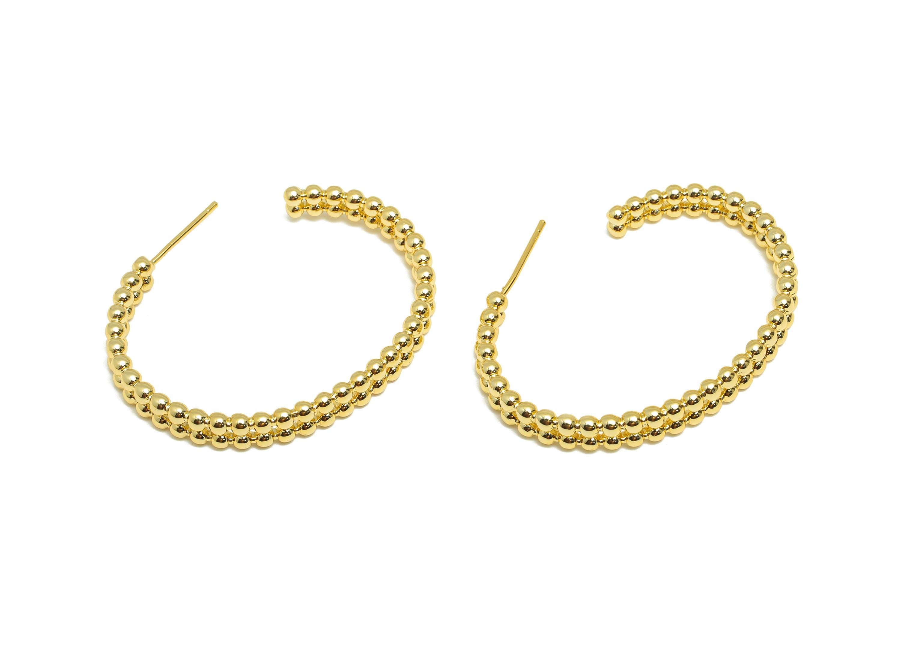 Brass Ball C Hoop Earring - Gold Beads Earring Stud for Woman's - Open Oval Earring Post - 18K Real Gold Plated -32.92x28.92x2.28mm- RGP9146 - DOMEDBAZAAR