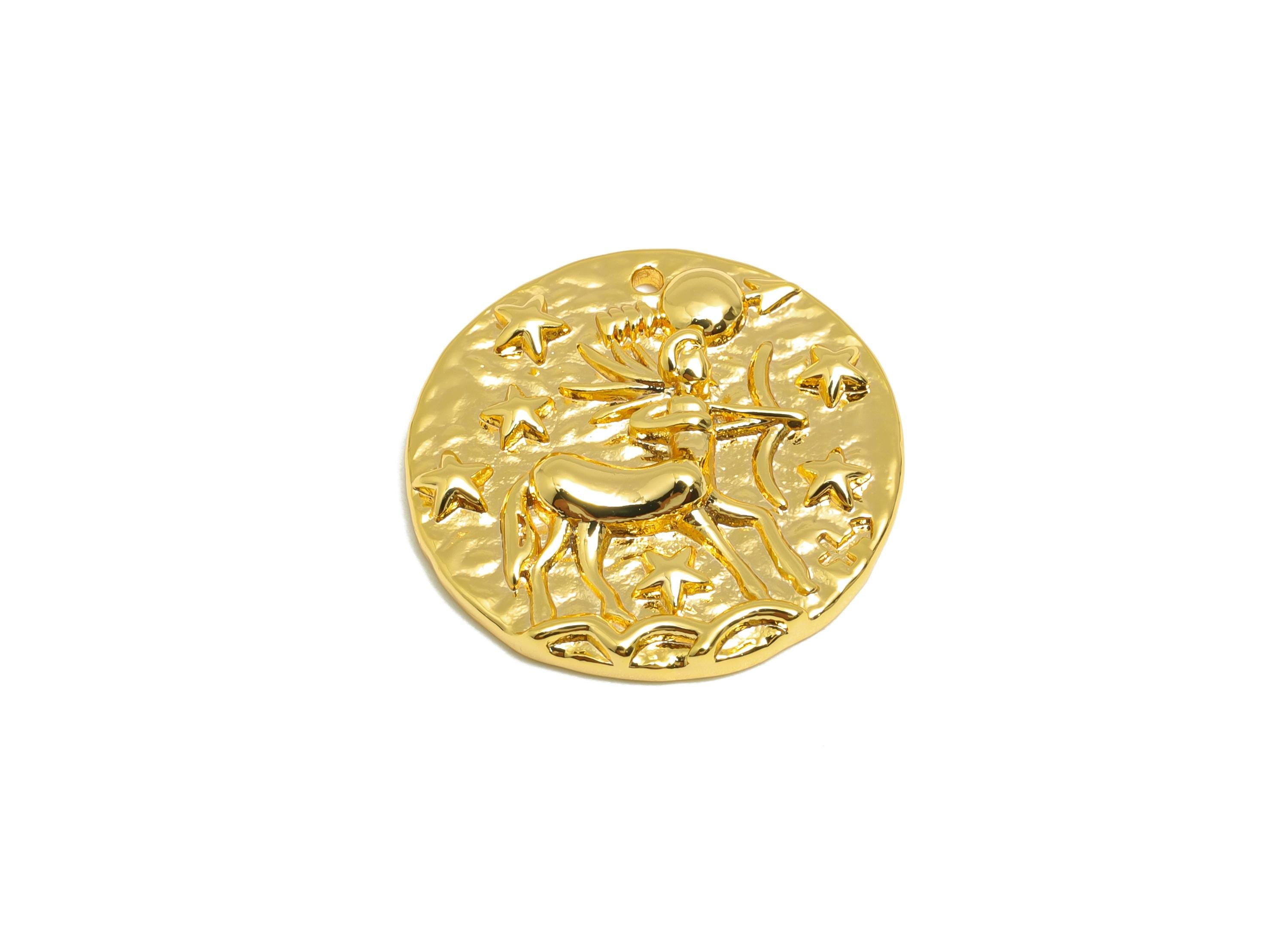 Sagittarius Round Earring Charm - Brass Zodiac Pendant - Brass Horoscopes Scorpio Necklace- 18K Real Gold Plated - 19.4x19x2.76mm - RGP4783N - DOMEDBAZAAR