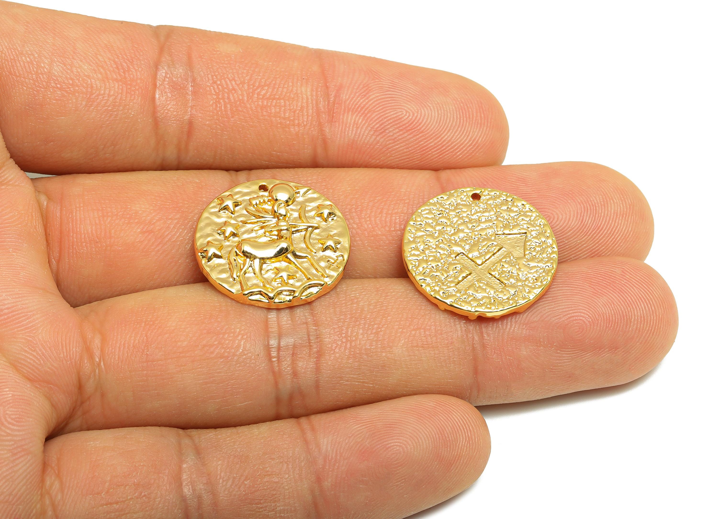 Sagittarius Round Earring Charm - Brass Zodiac Pendant - Brass Horoscopes Scorpio Necklace- 18K Real Gold Plated - 19.4x19x2.76mm - RGP4783N - DOMEDBAZAAR