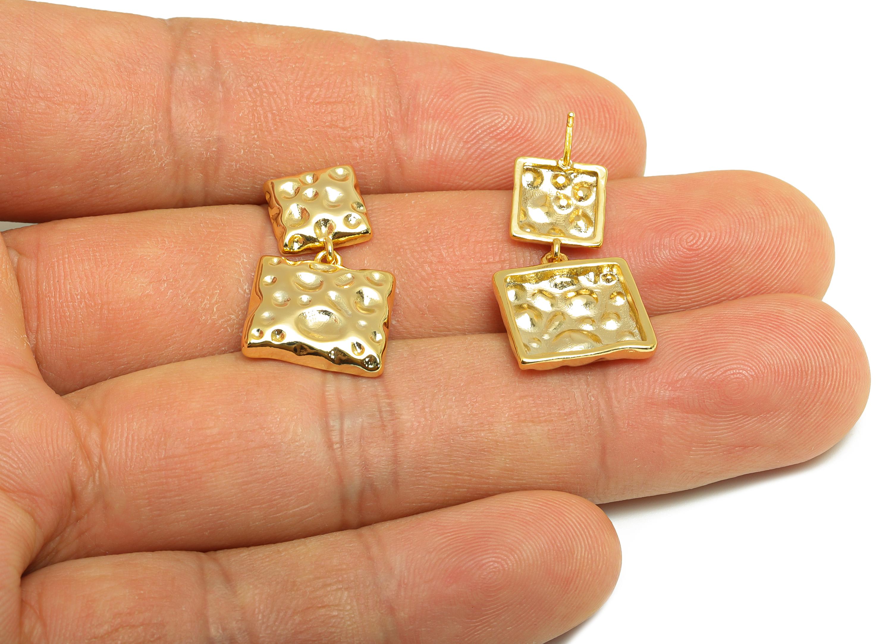 Dangle Earring Stud - Brass Dangle Square Jewelry - Modern Earring Post - Gold Chic Layered Stud - 18K Real Gold Plated - 13x11x2mm- RGP9163 - DOMEDBAZAAR