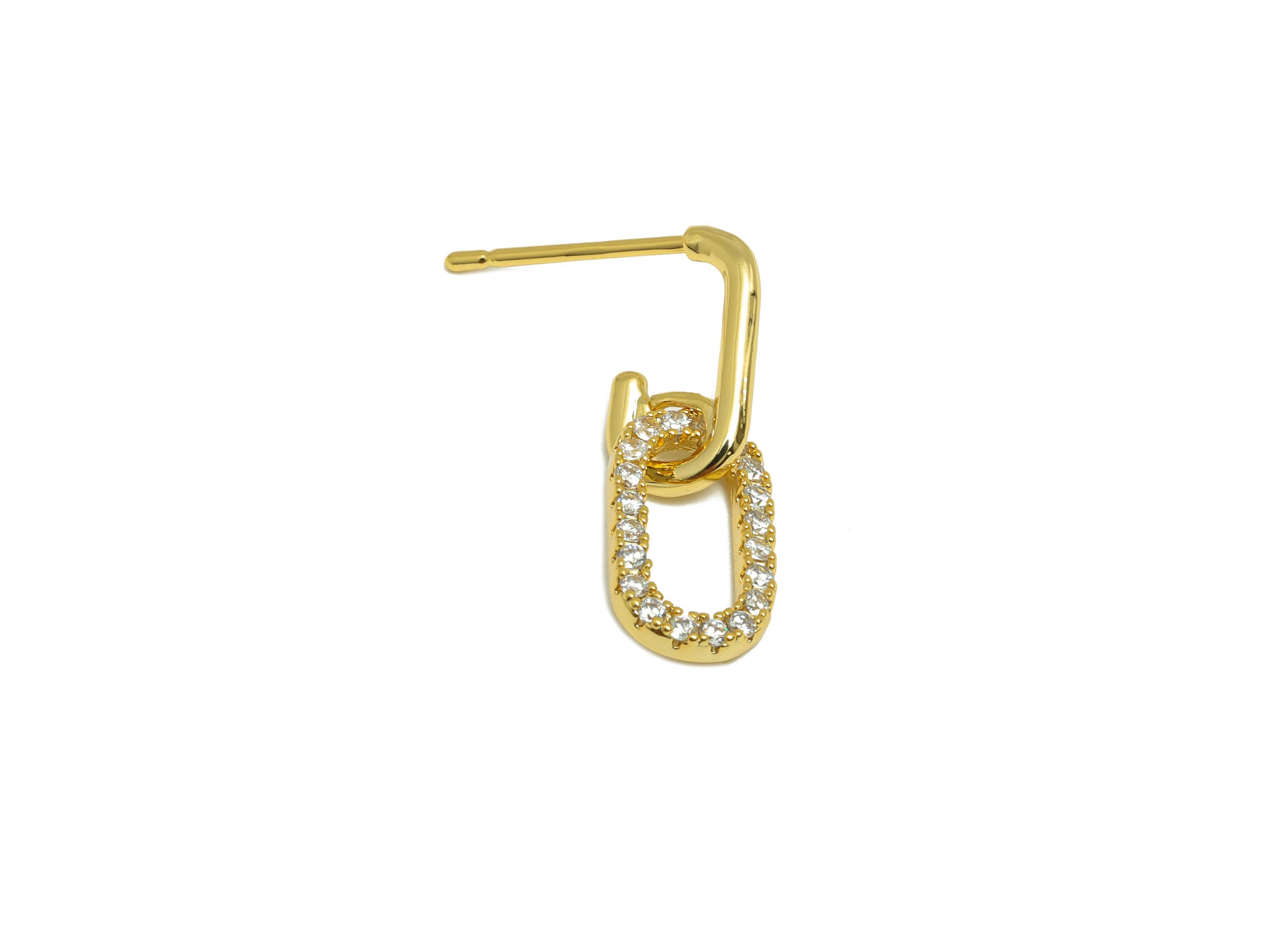 Gold Dangle Hoop Earring - Brass Zircon Hoop Earring Stud - Layering Diamond Link Earring - 18K Real Gold Plated - 20x7.12x1.54mm - RGP9181 - DOMEDBAZAAR