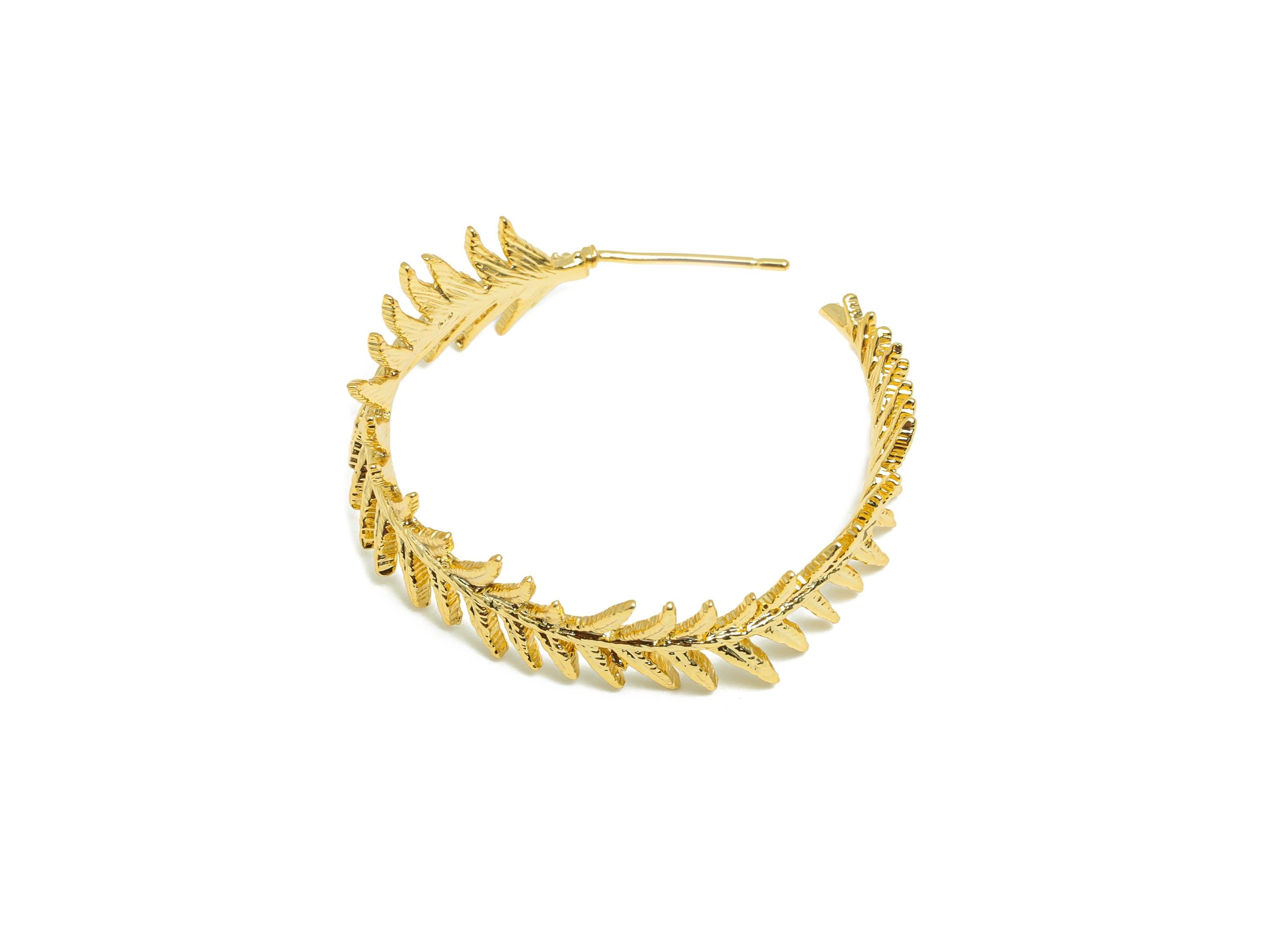 Brass Branch Hoop Earring - Gold Leaf Hoop Earring Post - Botanical Hoop Earring - Modern Jewelry - 18K Real Gold Plated - 31x27x1mm-RGP9182 - DOMEDBAZAAR