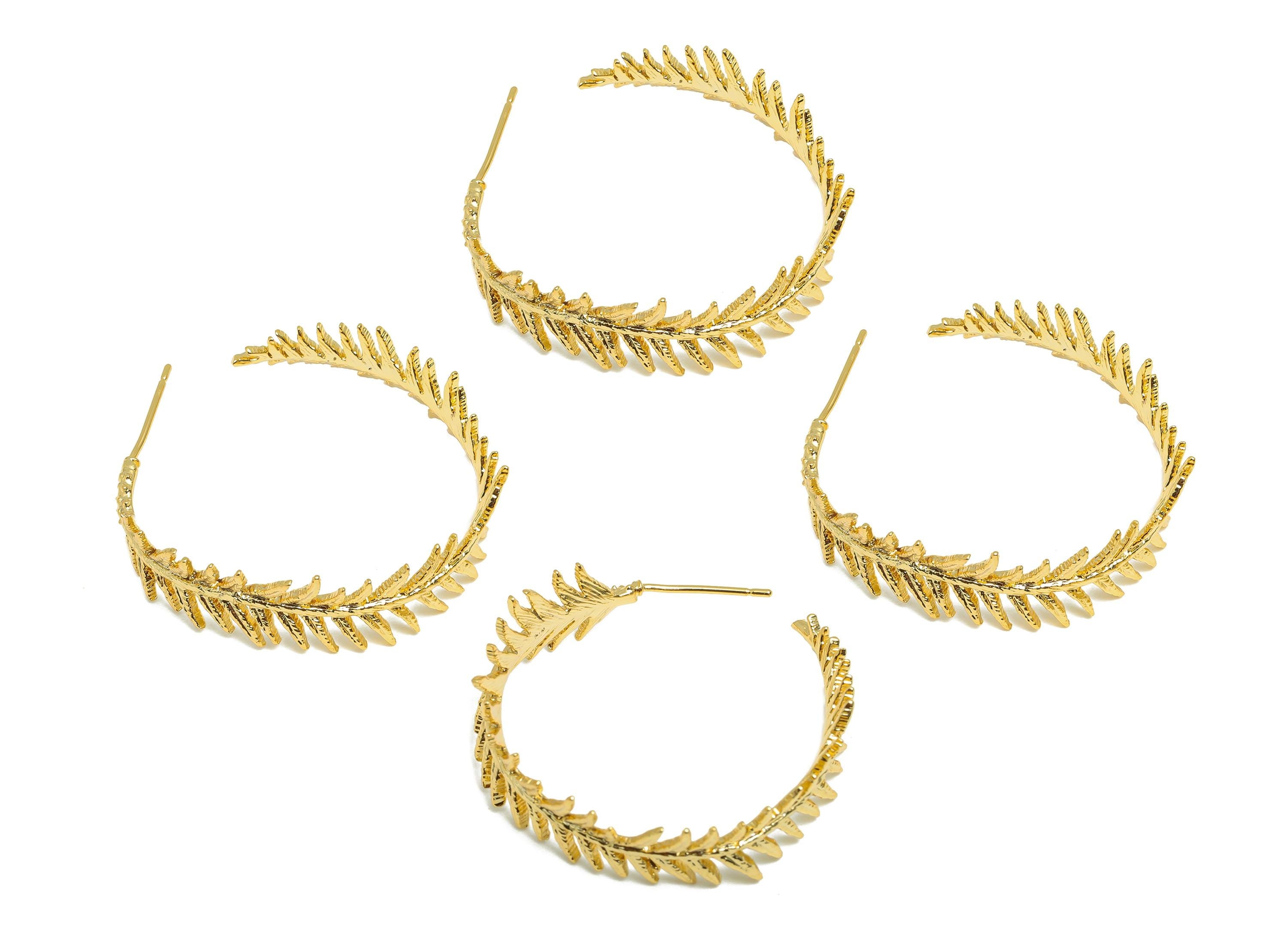 Brass Branch Hoop Earring - Gold Leaf Hoop Earring Post - Botanical Hoop Earring - Modern Jewelry - 18K Real Gold Plated - 31x27x1mm-RGP9182 - DOMEDBAZAAR