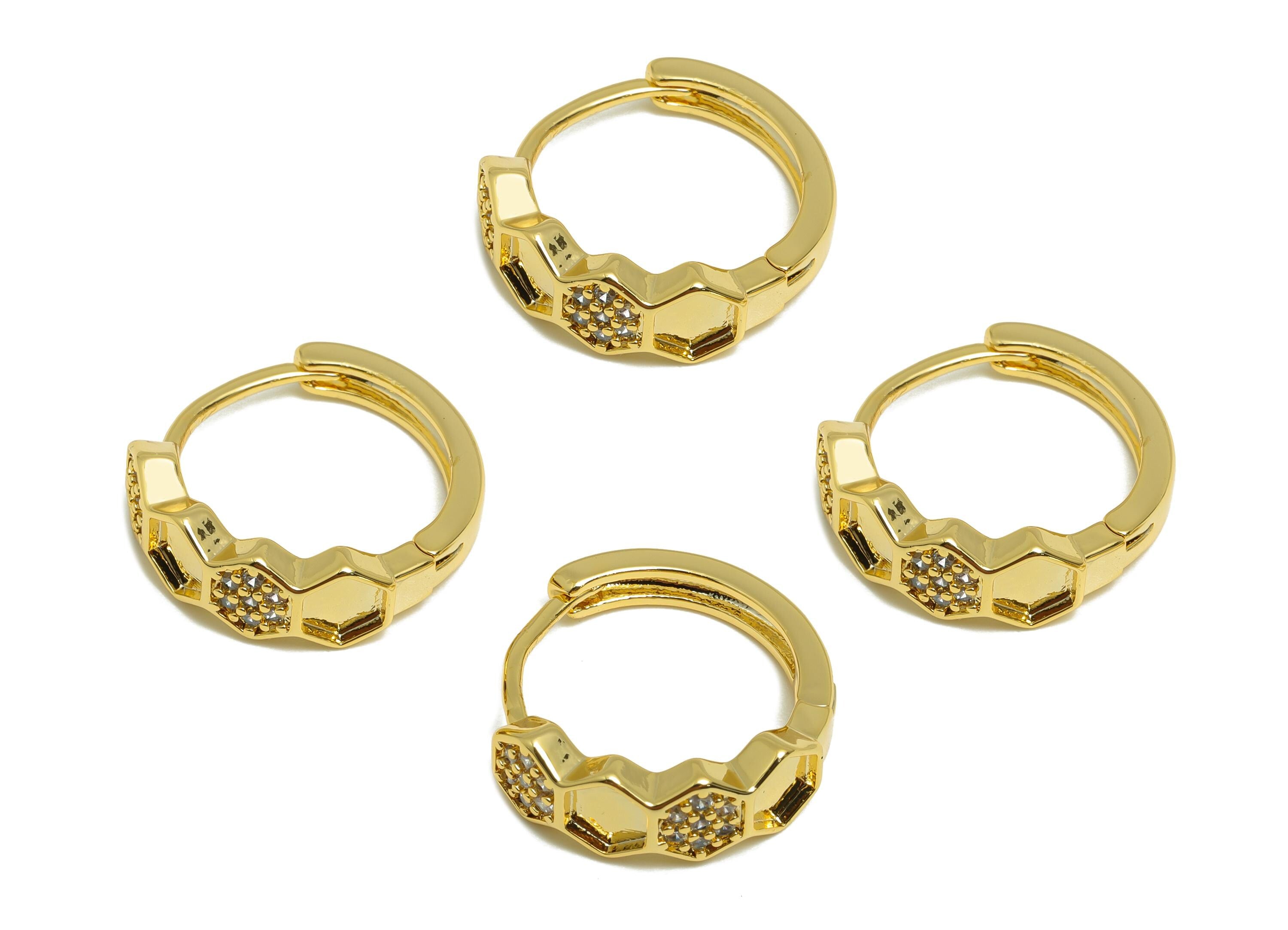 Hexagon Hoop Earring - Brass Honeycomb Hoop Huggie Earring - Zircon Classic Hoop Jewelry - 18K Real Gold Plating - 16.93x16x2mm - RGP9185 - DOMEDBAZAAR