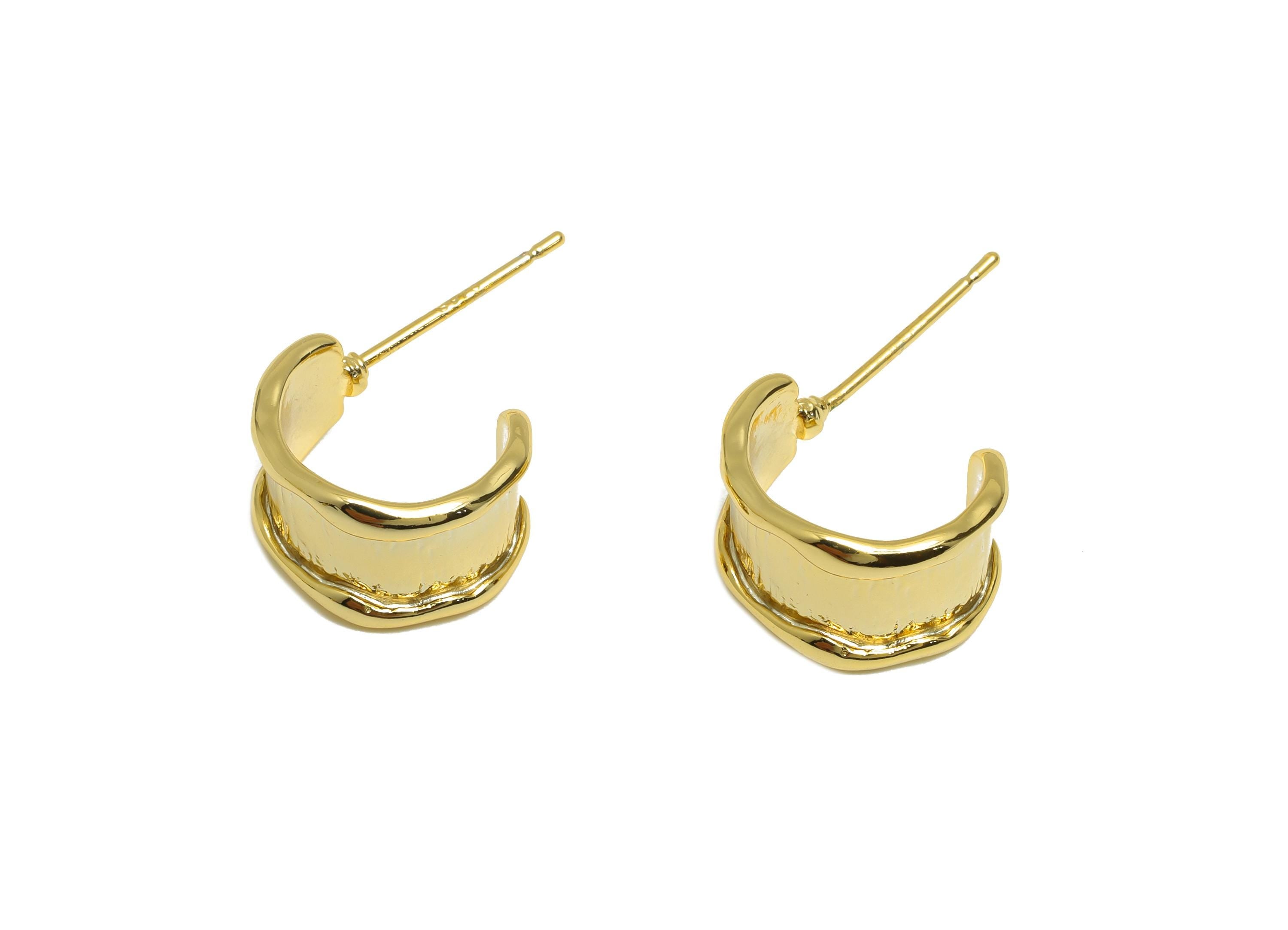 Chunky Hoop Earring Stud - Gold Textured Hoop - Brass Trendy Hoop Earring - Modern Jewelry - 18K Real Gold Plated - 12.78x8.4x1mm - RGP9205 - DOMEDBAZAAR
