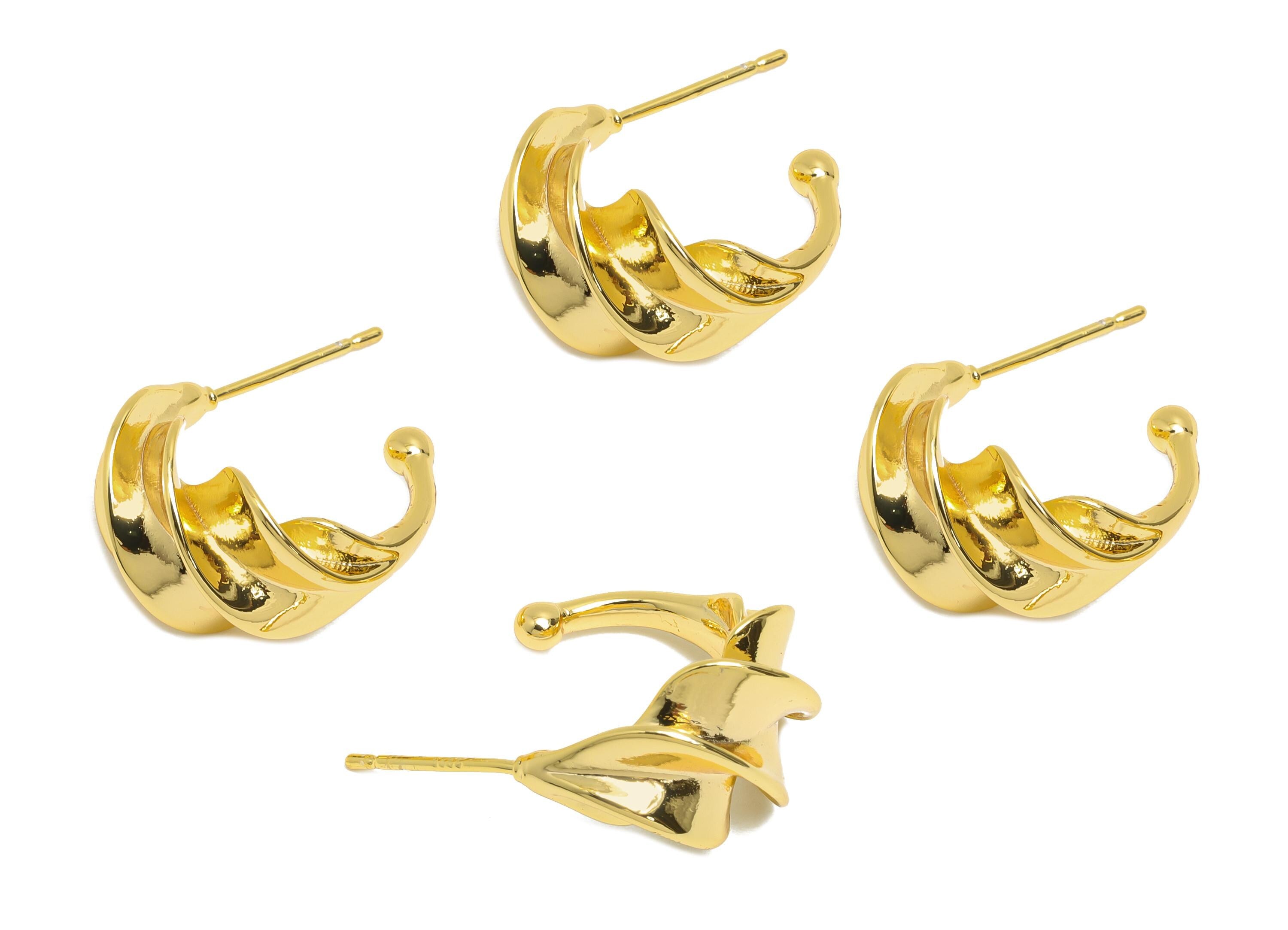 Brass C Earring Stud - Open Hoop Earring - Gold Twisted Earring Post - Twist Gold Ball Earring - 18k Real Gold Plated - 18x16x10mm- RGP9439 - DOMEDBAZAAR