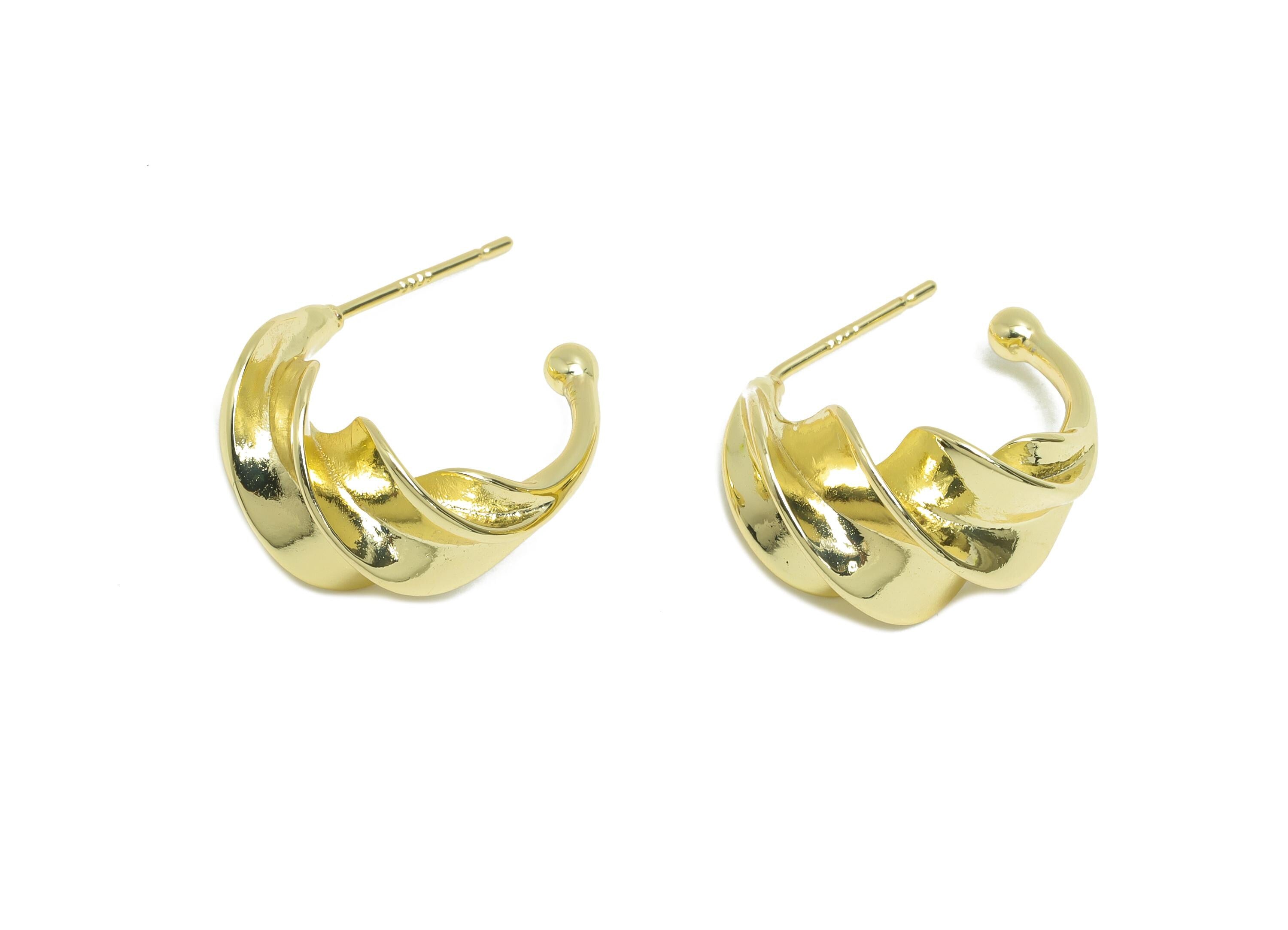 Brass C Earring Stud - Open Hoop Earring - Gold Twisted Earring Post- Twist Gold Ball Ear-14k real gold-plated brass-18x16x10mm- RGP9439-14 - DOMEDBAZAAR