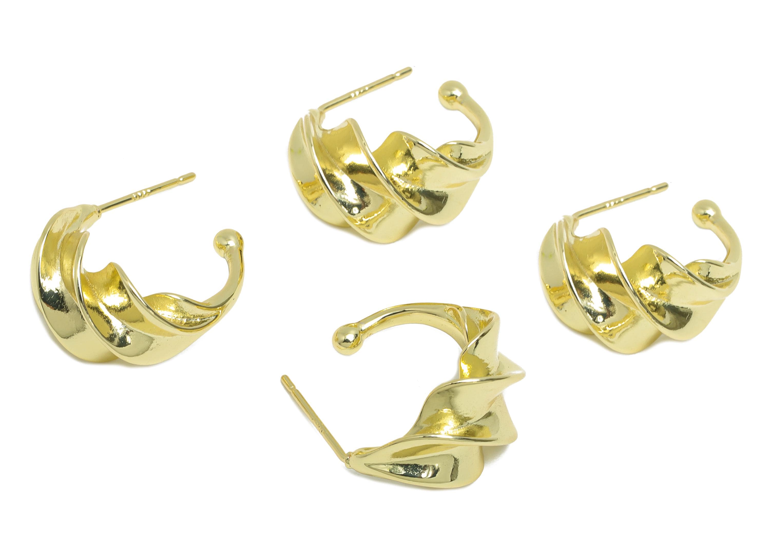 Brass C Earring Stud - Open Hoop Earring - Gold Twisted Earring Post- Twist Gold Ball Ear-14k real gold-plated brass-18x16x10mm- RGP9439-14 - DOMEDBAZAAR