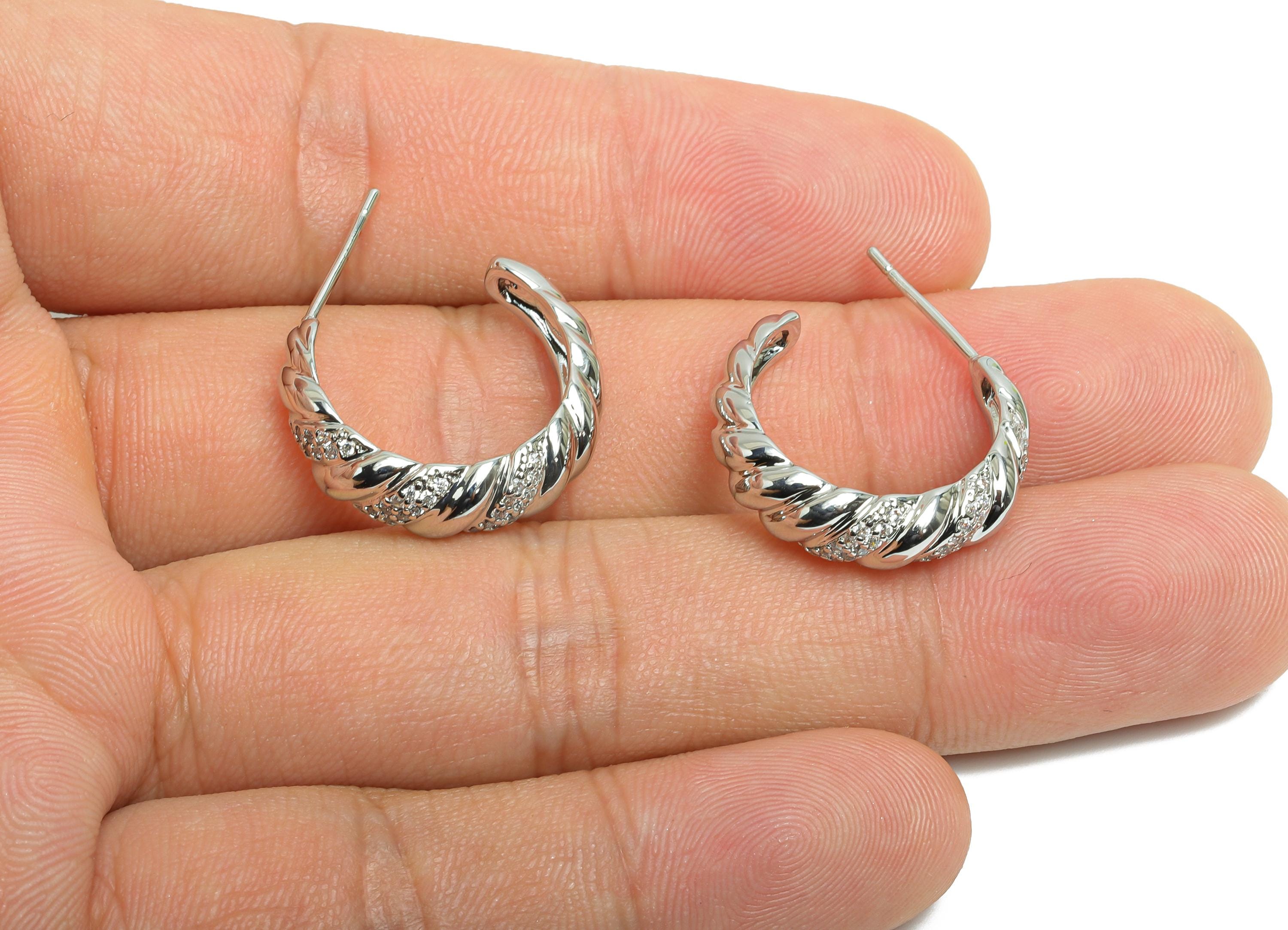 Brass C Earring Stud - Open Hoop Earring - Zircon Hoop Earring Stud -White Twisted Earring -18K Real White Gold Plated - 21x18x6mm- RGP9437S - DOMEDBAZAAR