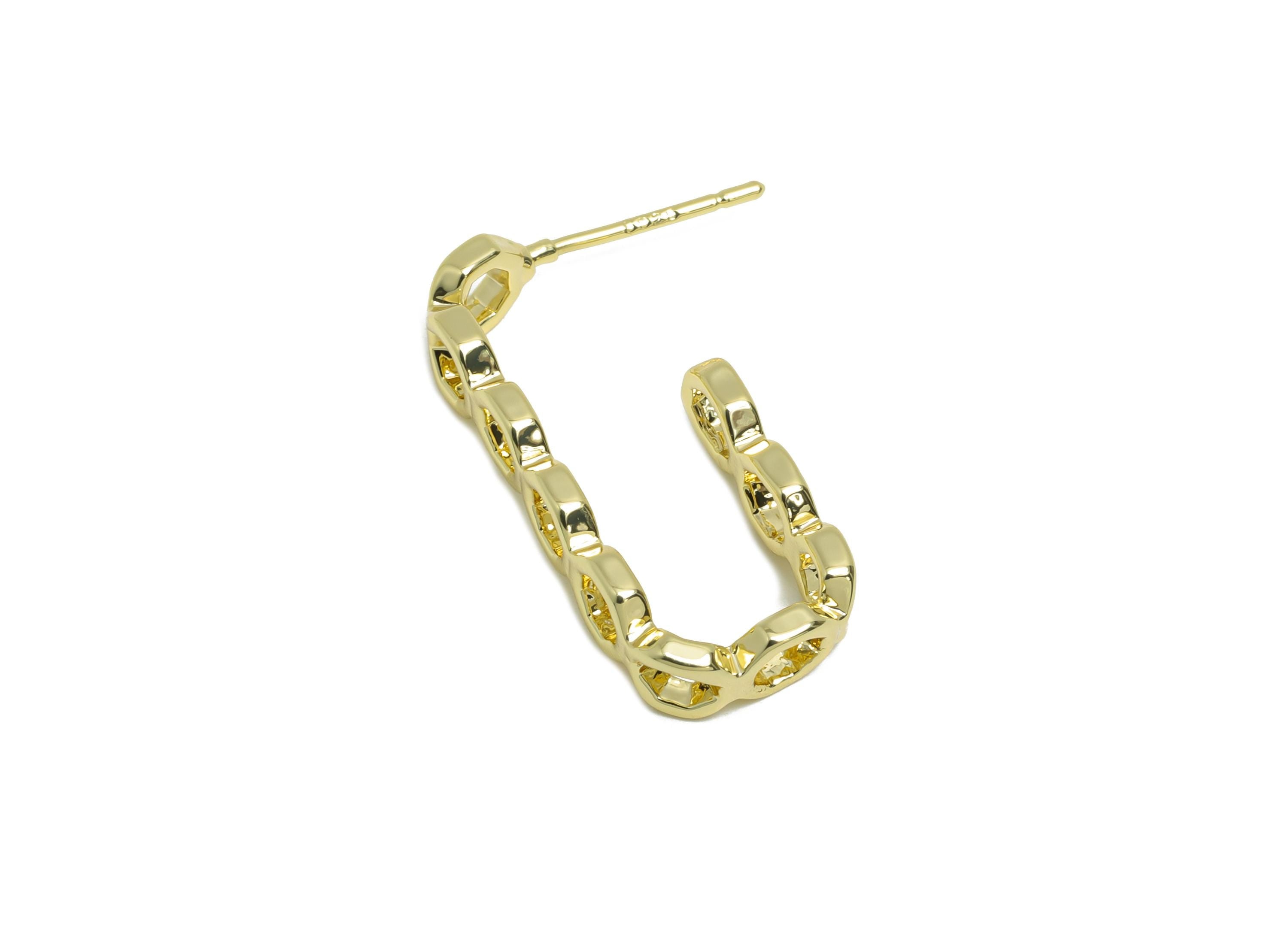 Brass Chain Link Earring Stud - Open Chain Link Hoop Earrings - Gold Textured Earring Posts - 14k Real Gold Plated -24x10.5x1.8mm-RGP9433-14 - DOMEDBAZAAR