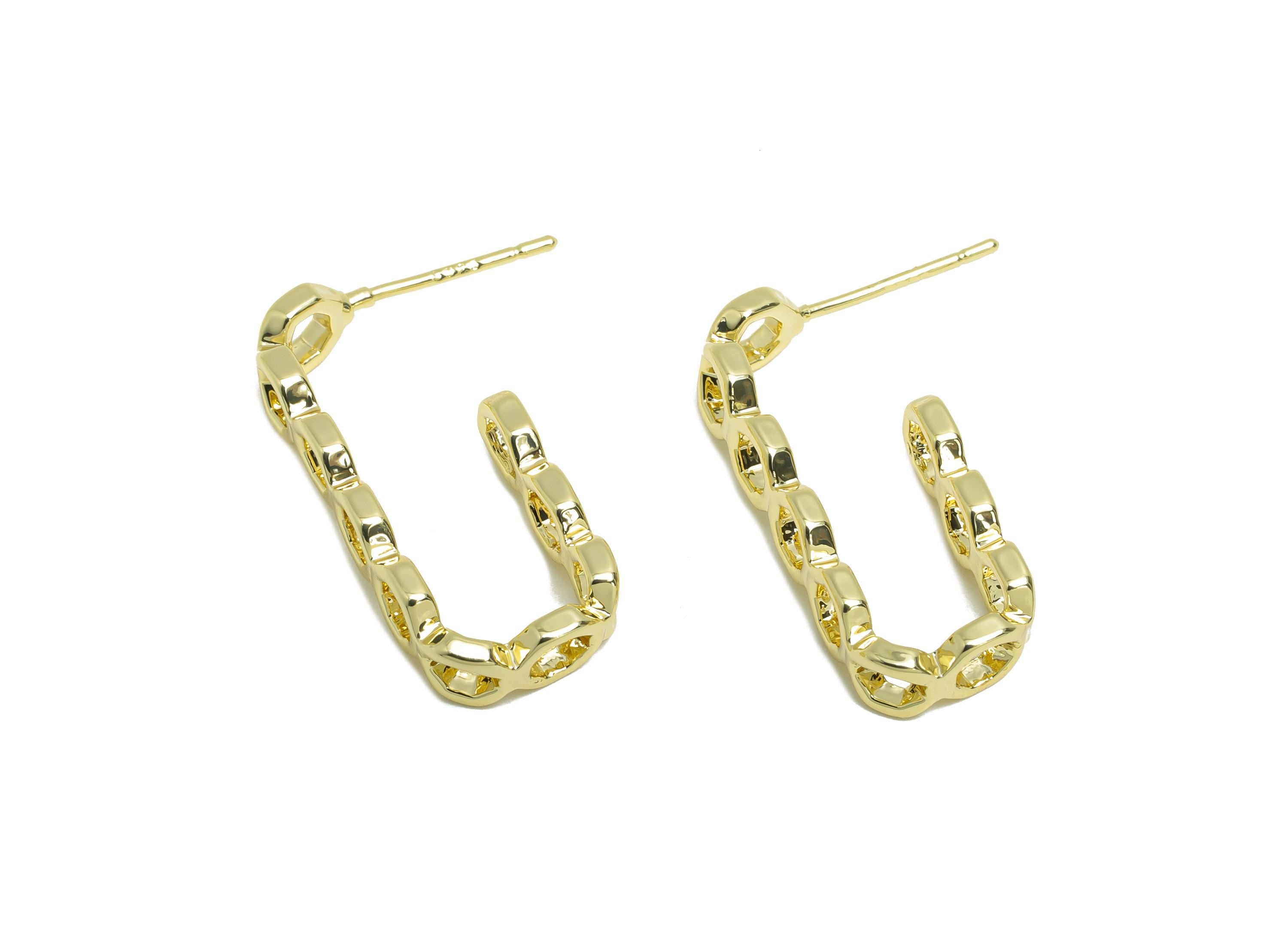 Brass Chain Link Earring Stud - Open Chain Link Hoop Earrings - Gold Textured Earring Posts - 14k Real Gold Plated -24x10.5x1.8mm-RGP9433-14 - DOMEDBAZAAR