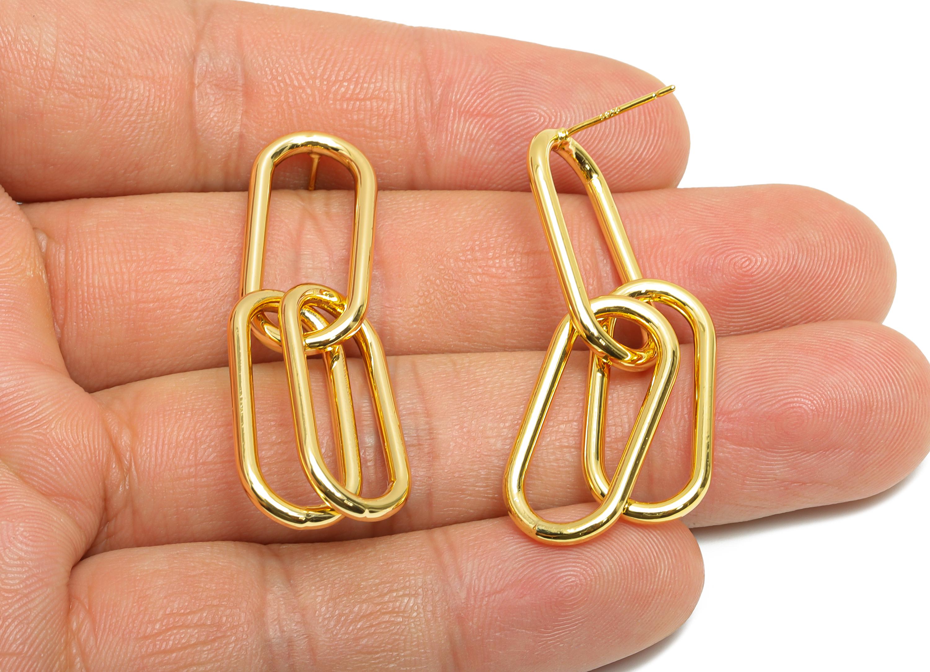 Oval Dangle Earring - Brass Chain Link Earring Post - Gold Dangle Minimalism Geometric Earring - 18K Real Gold Plated -44x11.5x2mm - RGP9432 - DOMEDBAZAAR