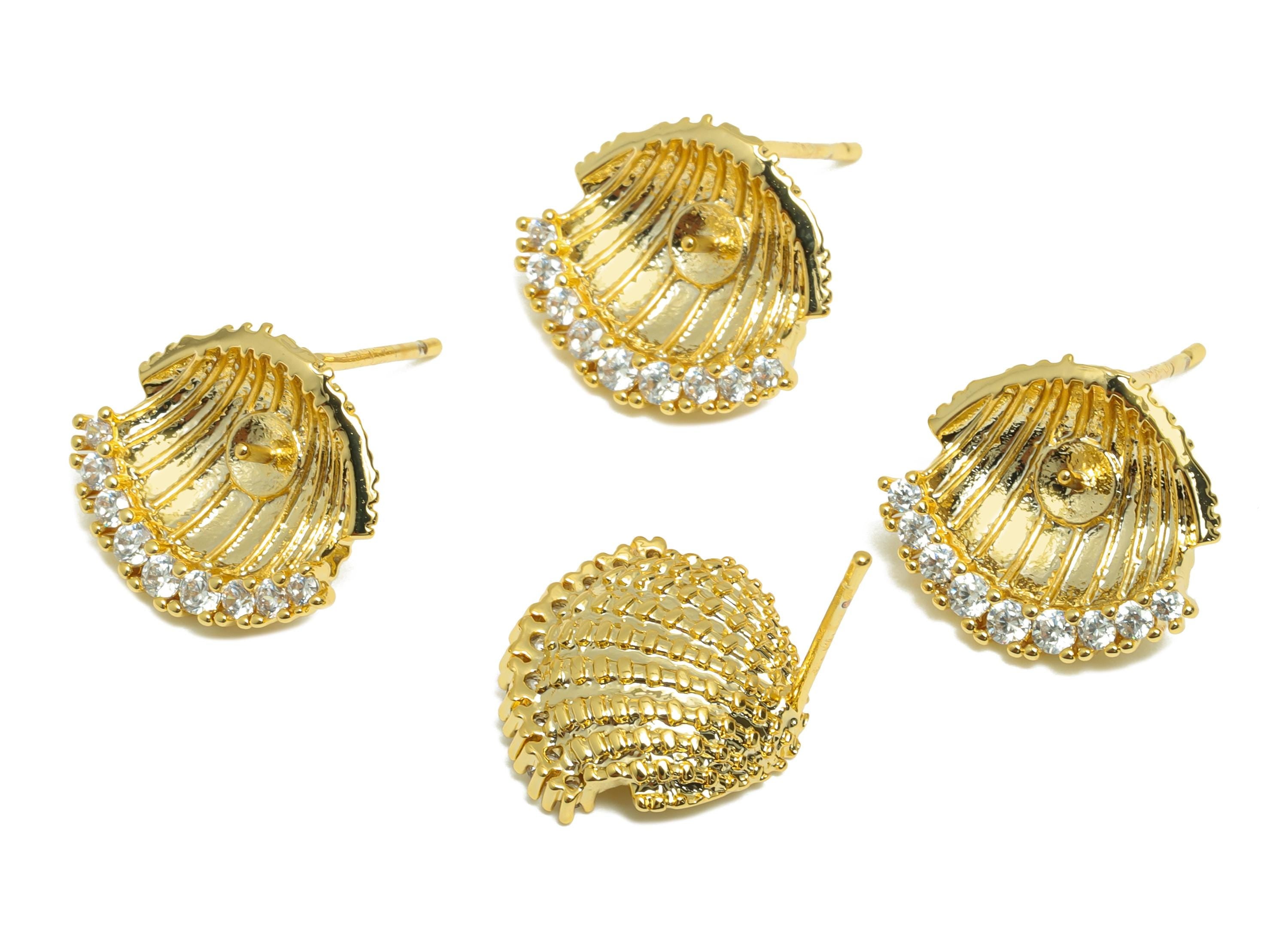 Gold Vintage Earring Stud - Gold Lustrous Pearls Earring Post - Brass Classic Earring For Pearl - 18K Real Gold Plated - 15x13x1mm- RGP9201 - DOMEDBAZAAR