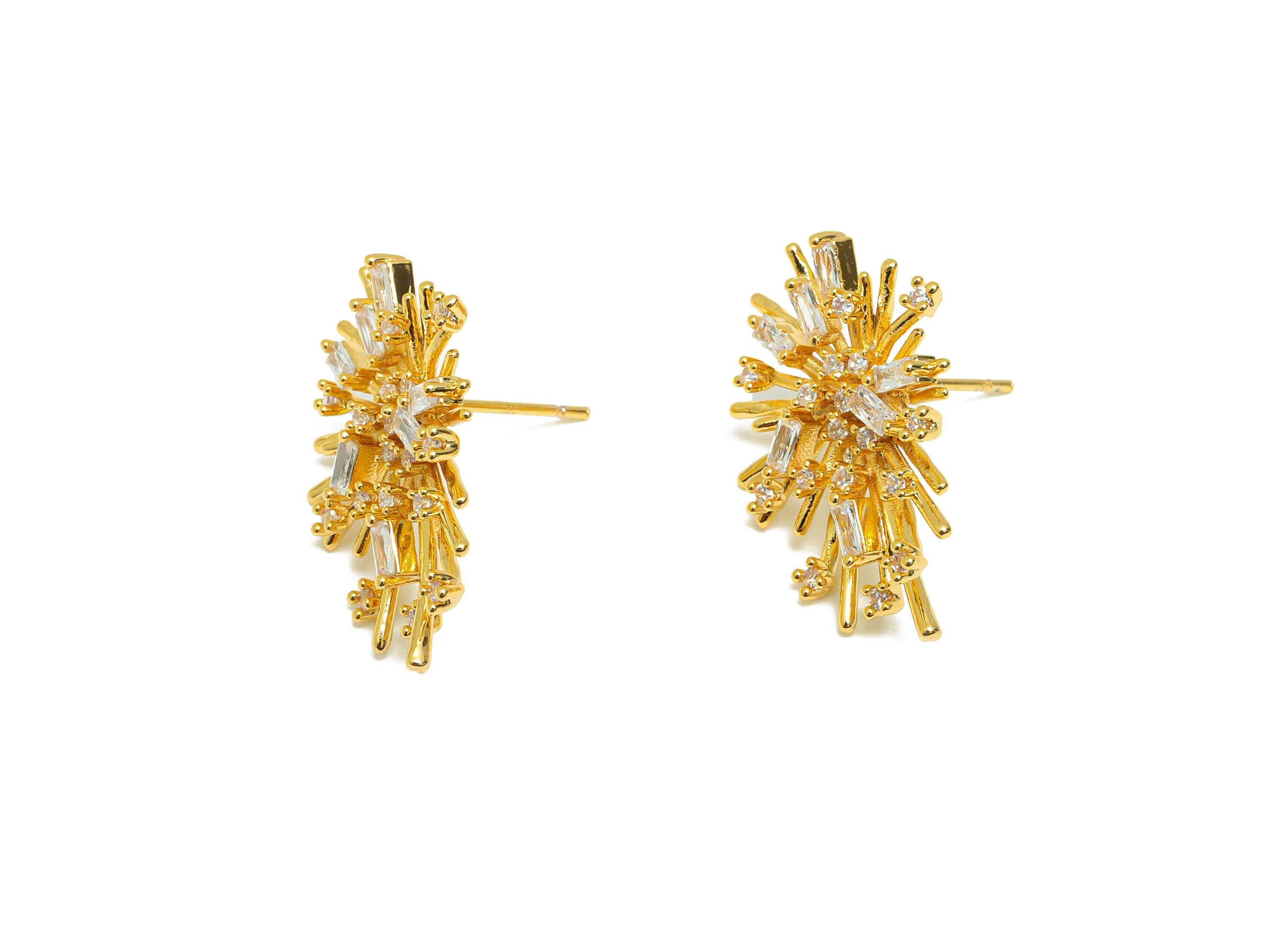 Brilliant Sparkle Earring Stud - Gold Starburst Earring Post - Brass Shimmering Gold Earring - 18K Real Gold Plated - 24x16x4.24mm - RGP9207 - DOMEDBAZAAR