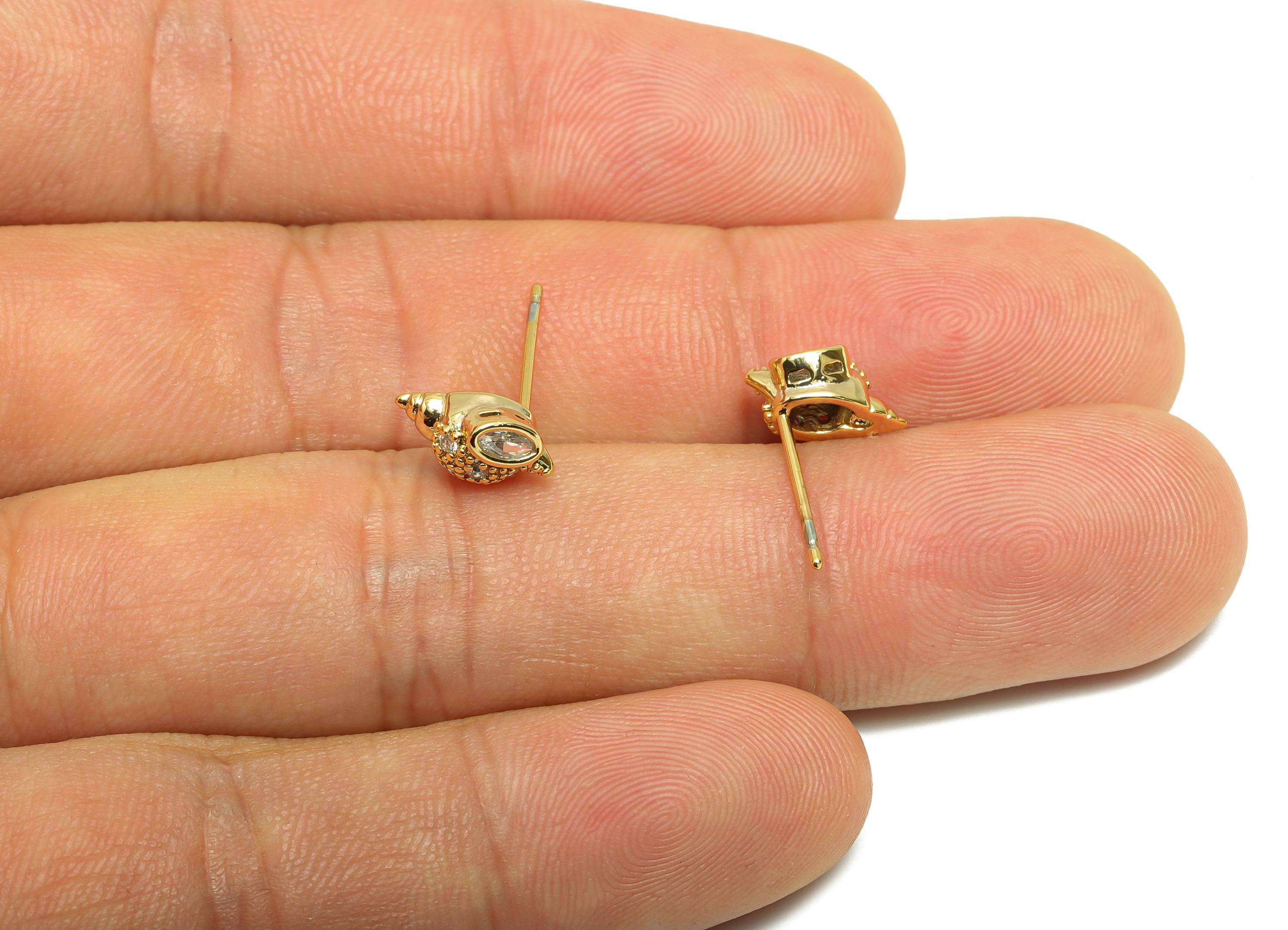 Conch Shell Earring Stud - Brass Zircon Seashell Post - Ocean Themed Jewelry - Marine Life Jewelry - 18K Real Gold Plating -10x6x2mm-RGP9226 - DOMEDBAZAAR