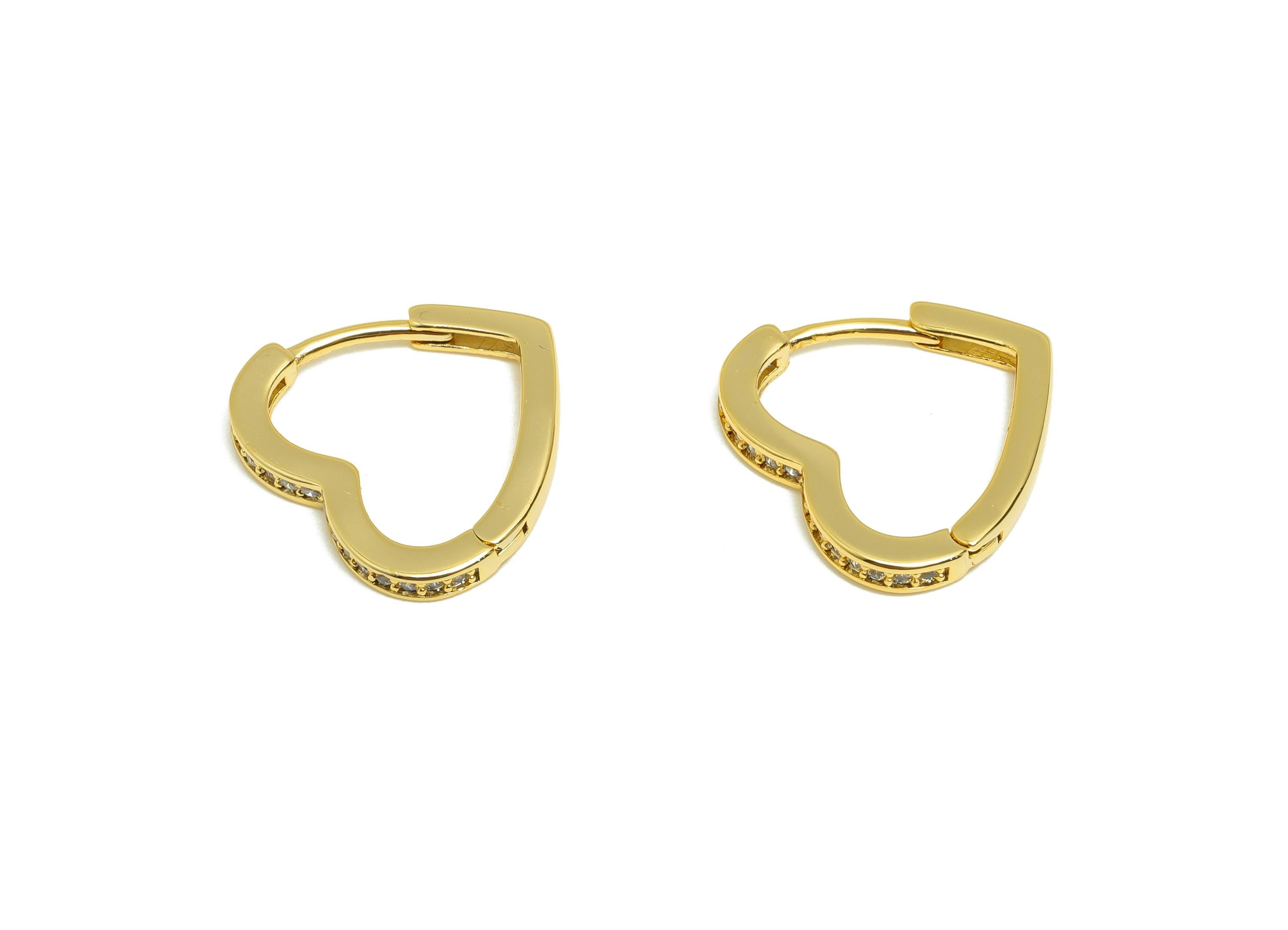 Heart Gold Hoop Earring - Brass Simple Gold Huggie Earring - Zircon Everyday Jewelry - 18K Real Gold Plating -16x14x2mm - RGP9203 - DOMEDBAZAAR