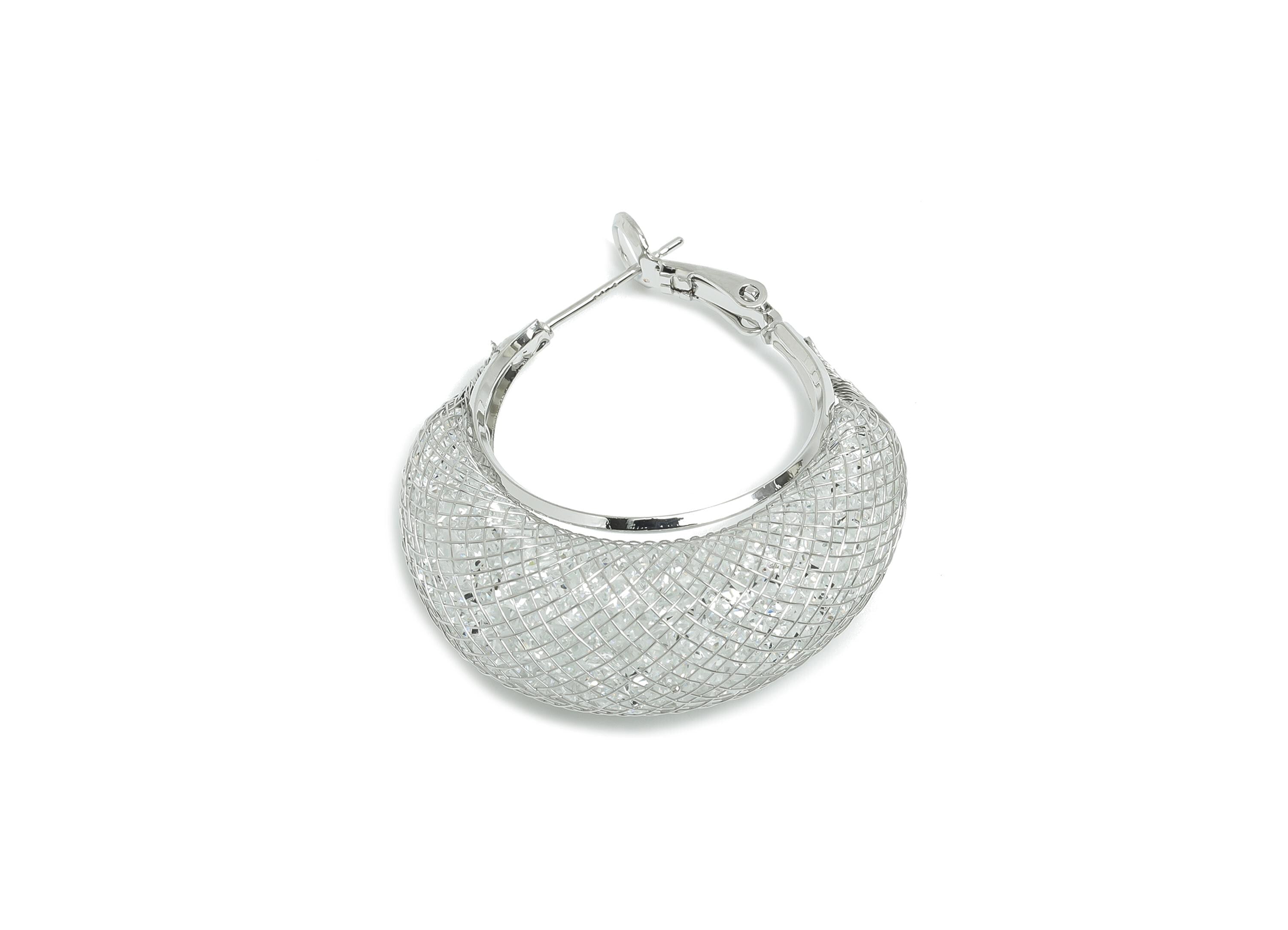 Basket Weave Hoop Earrings - Brass Woven Mesh Clasp Earring - Zircon Push Back Earring Post - 18K White Gold Plated - 38x32x12mm - RGP9430S - DOMEDBAZAAR