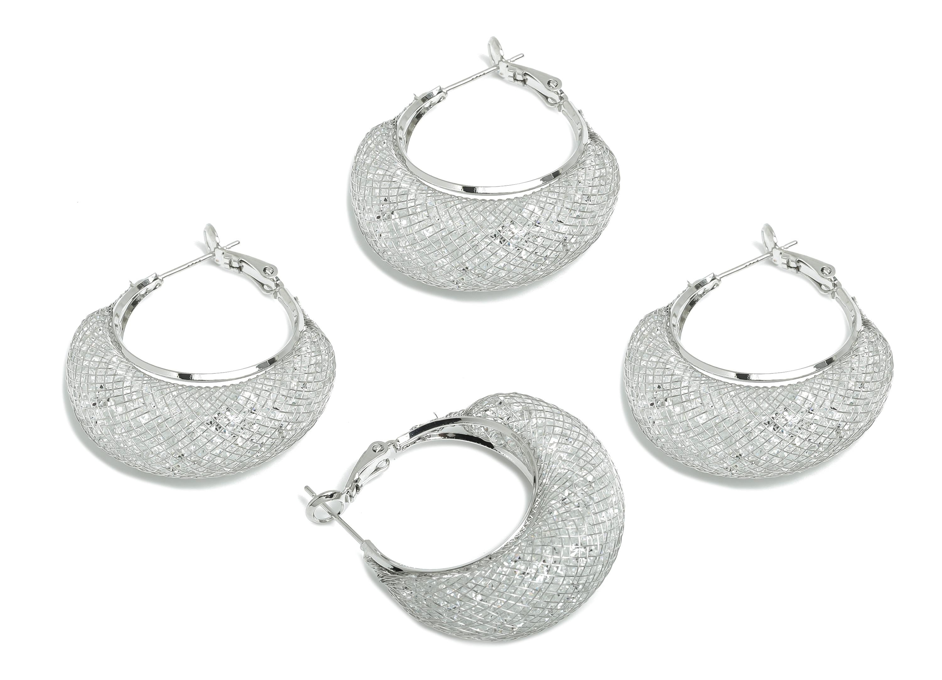 Basket Weave Hoop Earrings - Brass Woven Mesh Clasp Earring - Zircon Push Back Earring Post - 18K White Gold Plated - 38x32x12mm - RGP9430S - DOMEDBAZAAR