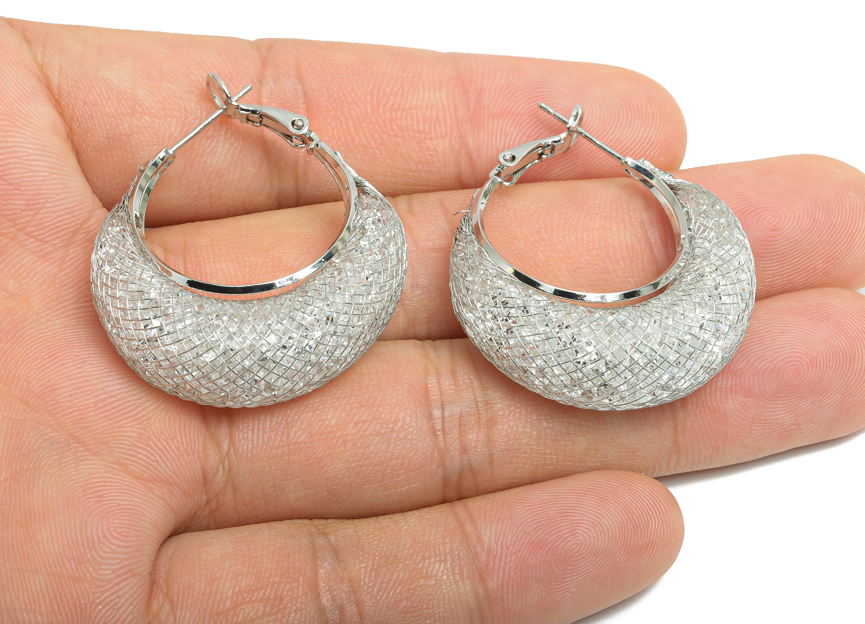 Basket Weave Hoop Earrings - Brass Woven Mesh Clasp Earring - Zircon Push Back Earring Post - 18K White Gold Plated - 38x32x12mm - RGP9430S - DOMEDBAZAAR