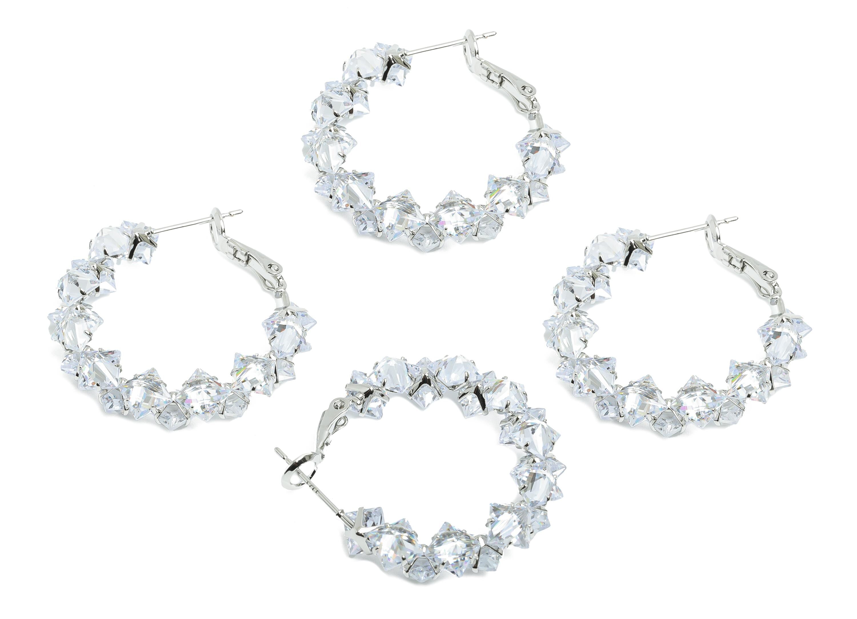 Brass Round Hoop Earring - Zircon Hoop Clasp Earring - White Zircon Push Back Earring Post - 18K Real White Gold Plated -34x31x4mm -RGP9428S - DOMEDBAZAAR