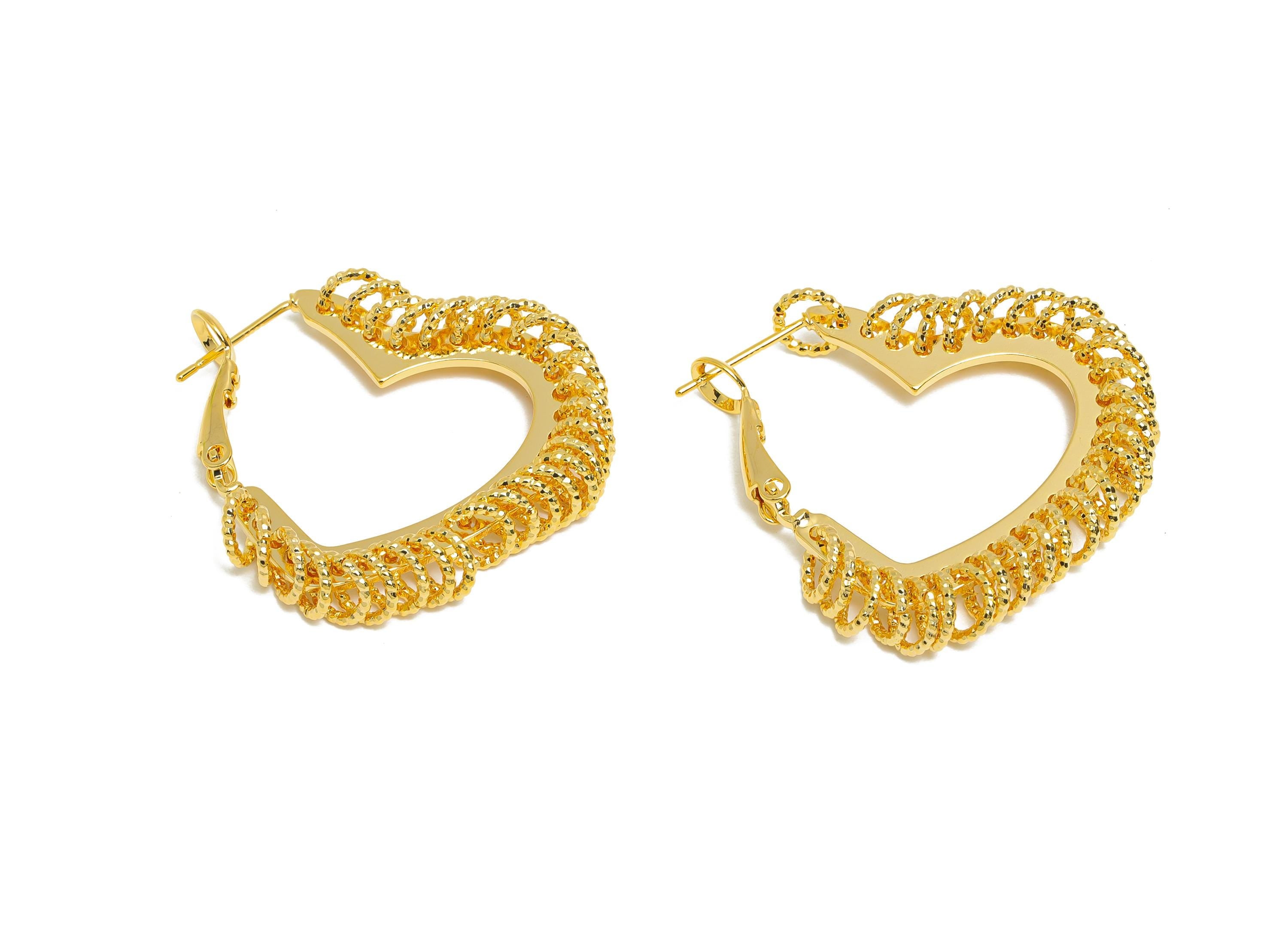 Brass Heart Hoop Earrings - Gold Heart Hanging Ring Earrings - Textured Push Back Earrings Post - 18K Real Gold Plated - 32x29x3mm - RGP9429 - DOMEDBAZAAR