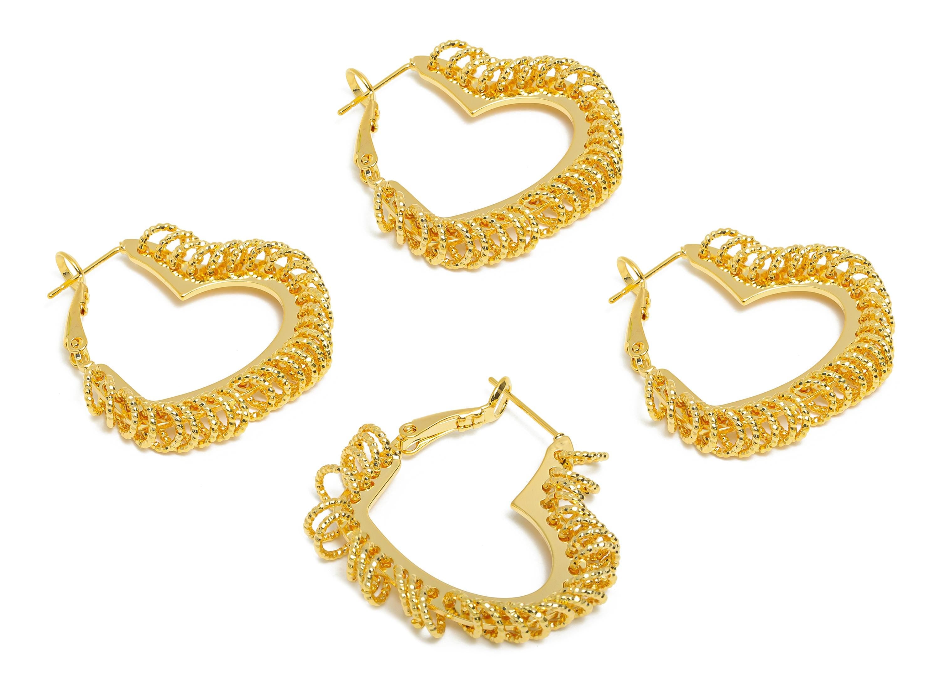 Brass Heart Hoop Earrings - Gold Heart Hanging Ring Earrings - Textured Push Back Earrings Post - 18K Real Gold Plated - 32x29x3mm - RGP9429 - DOMEDBAZAAR