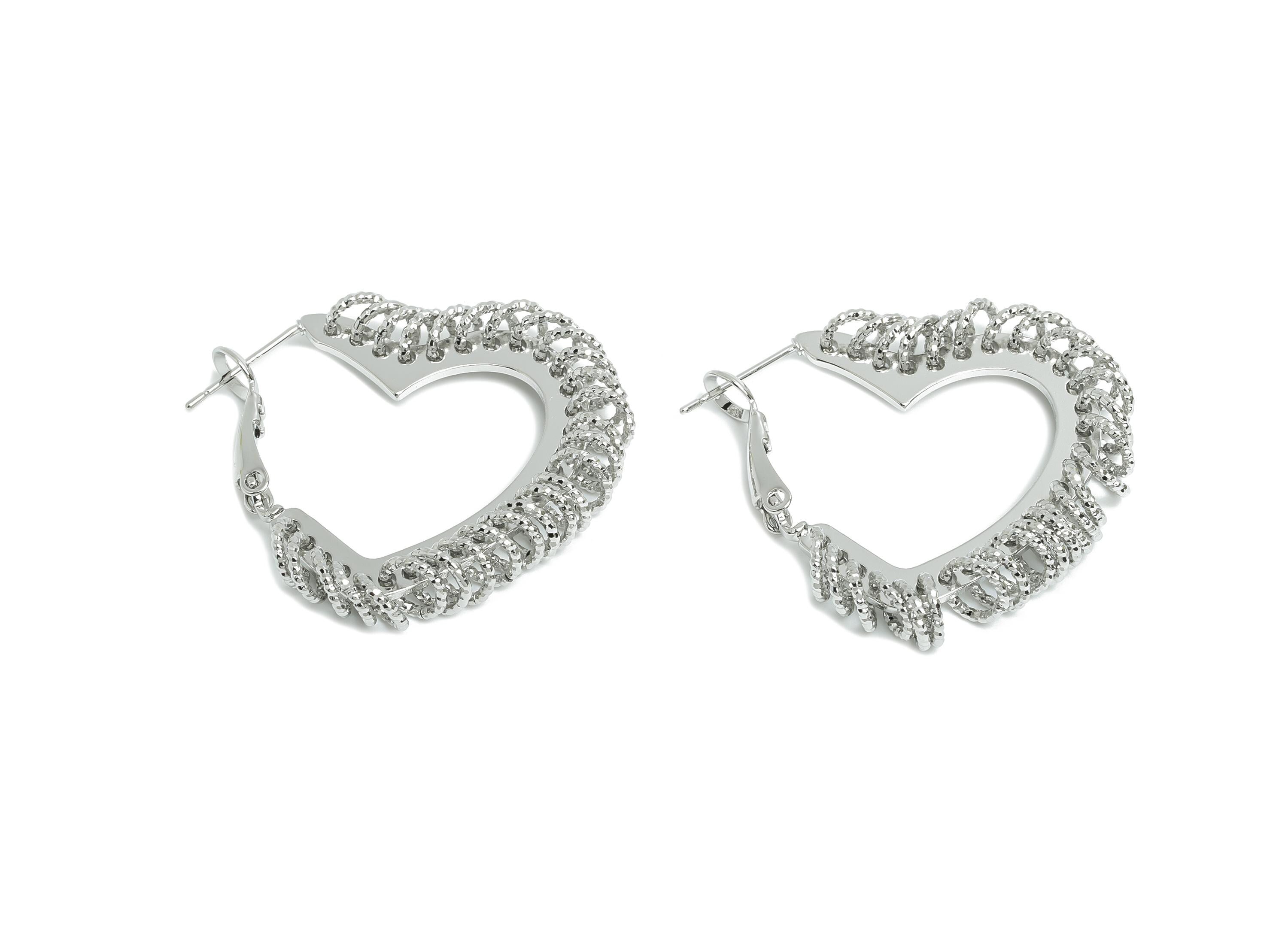 Brass Heart Hoop Earring - White Heart Hanging Ring Earring - Textured Push Back Earring Post - 18K White Gold Plated - 32x29x3mm - RGP9429S - DOMEDBAZAAR