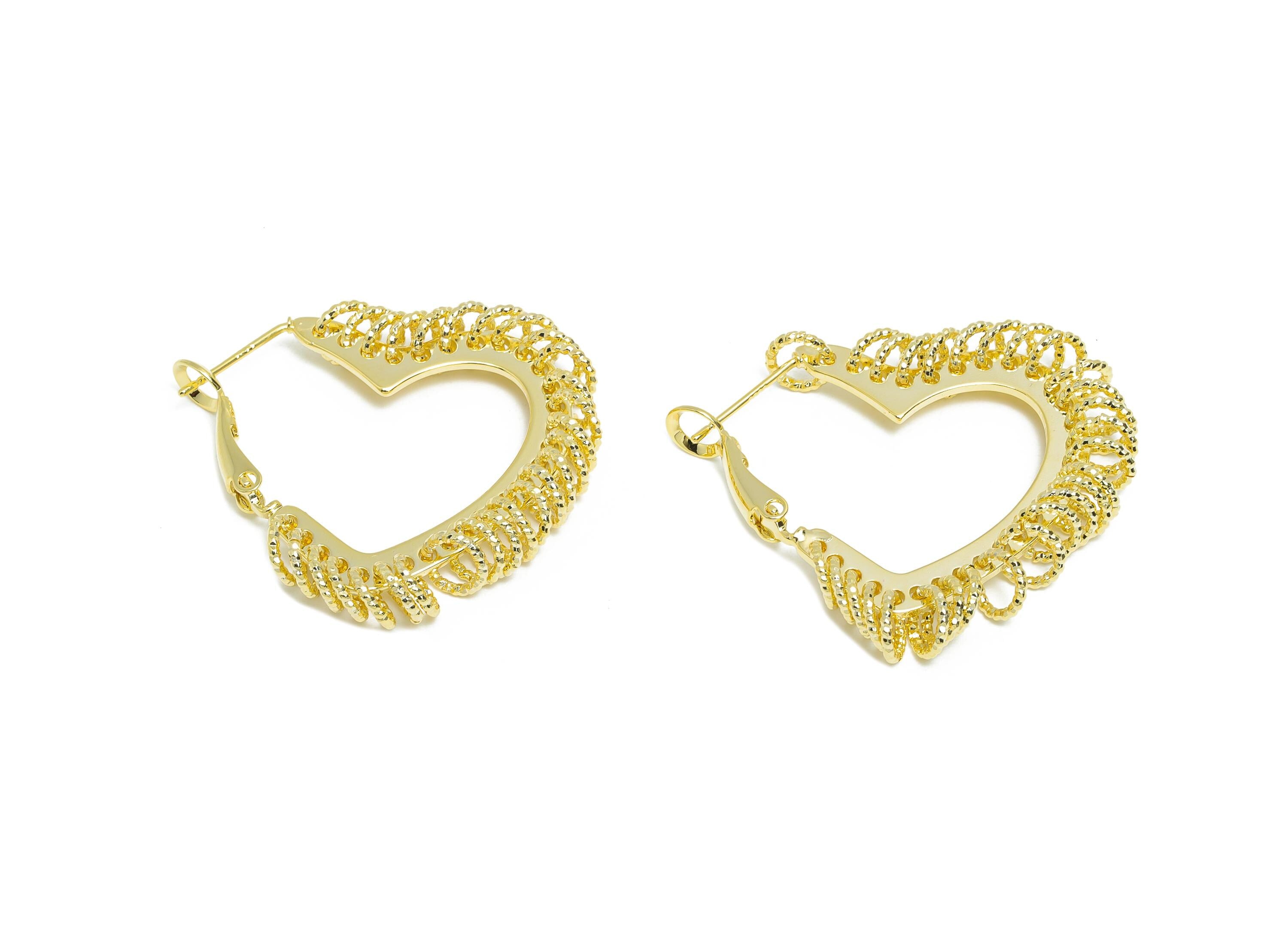 Brass Heart Hoop Earring - Gold Heart Hanging Ring Earring - Textured Push Back Earring Post - 14K Real Gold Plated - 32x29x3mm - RGP9429-14 - DOMEDBAZAAR