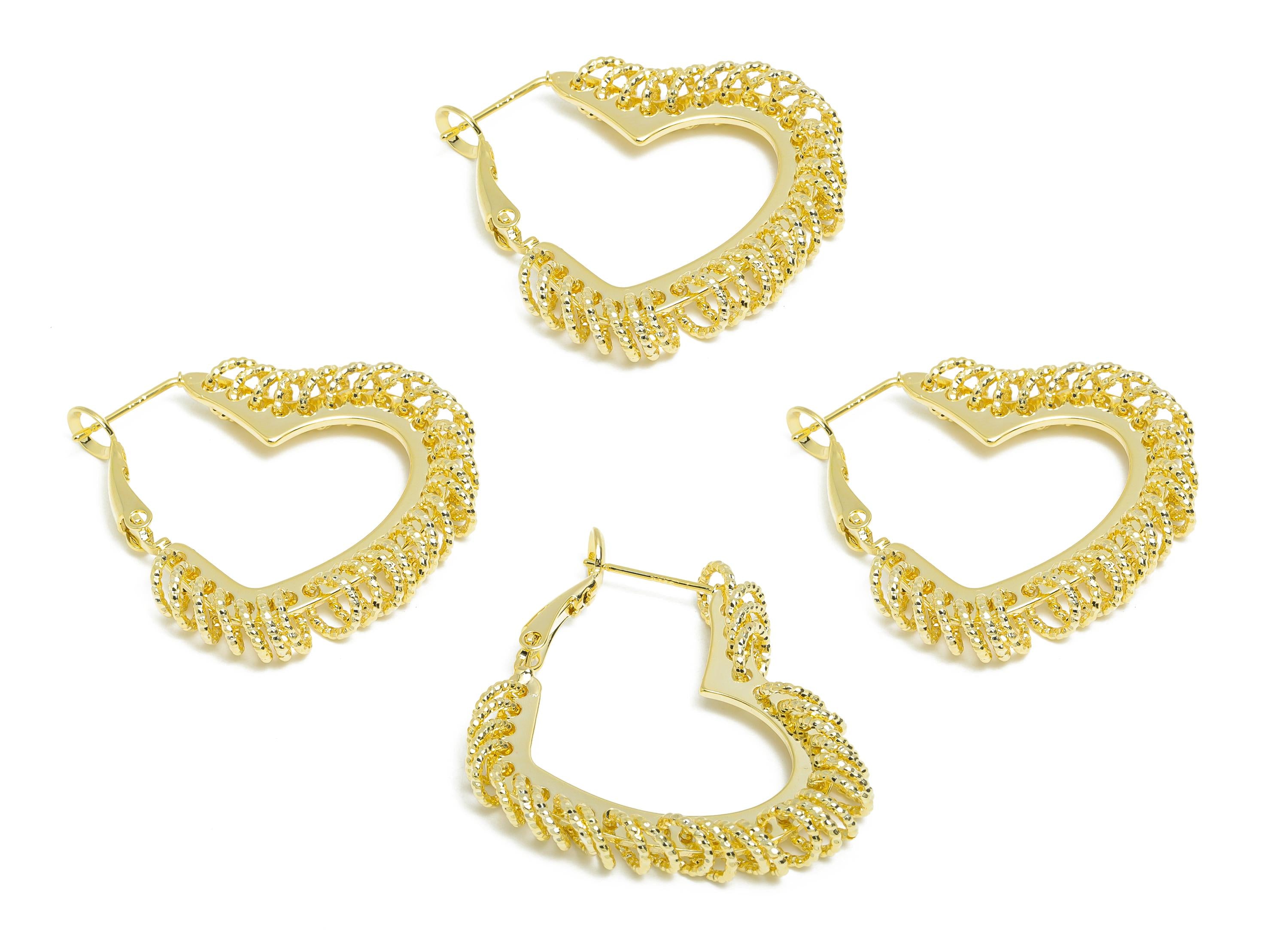 Brass Heart Hoop Earring - Gold Heart Hanging Ring Earring - Textured Push Back Earring Post - 14K Real Gold Plated - 32x29x3mm - RGP9429-14 - DOMEDBAZAAR