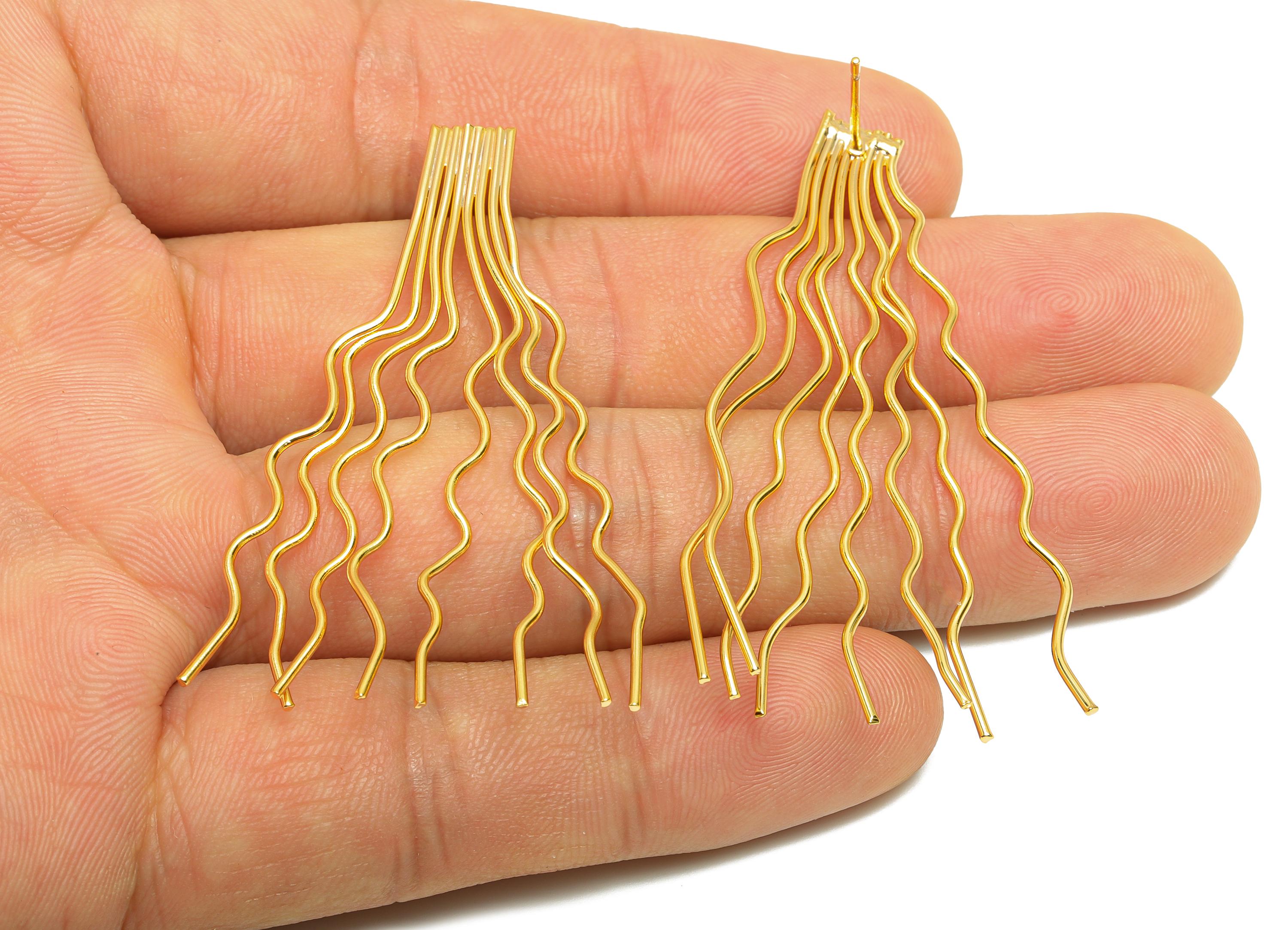 Brass Dangling Wire Earring - Wavy Gold Strand Earring Stud - Brass Bold Gold Drop Earring - 18K Real Gold Plating - 54x40x0.97mm - RGP9247 - DOMEDBAZAAR