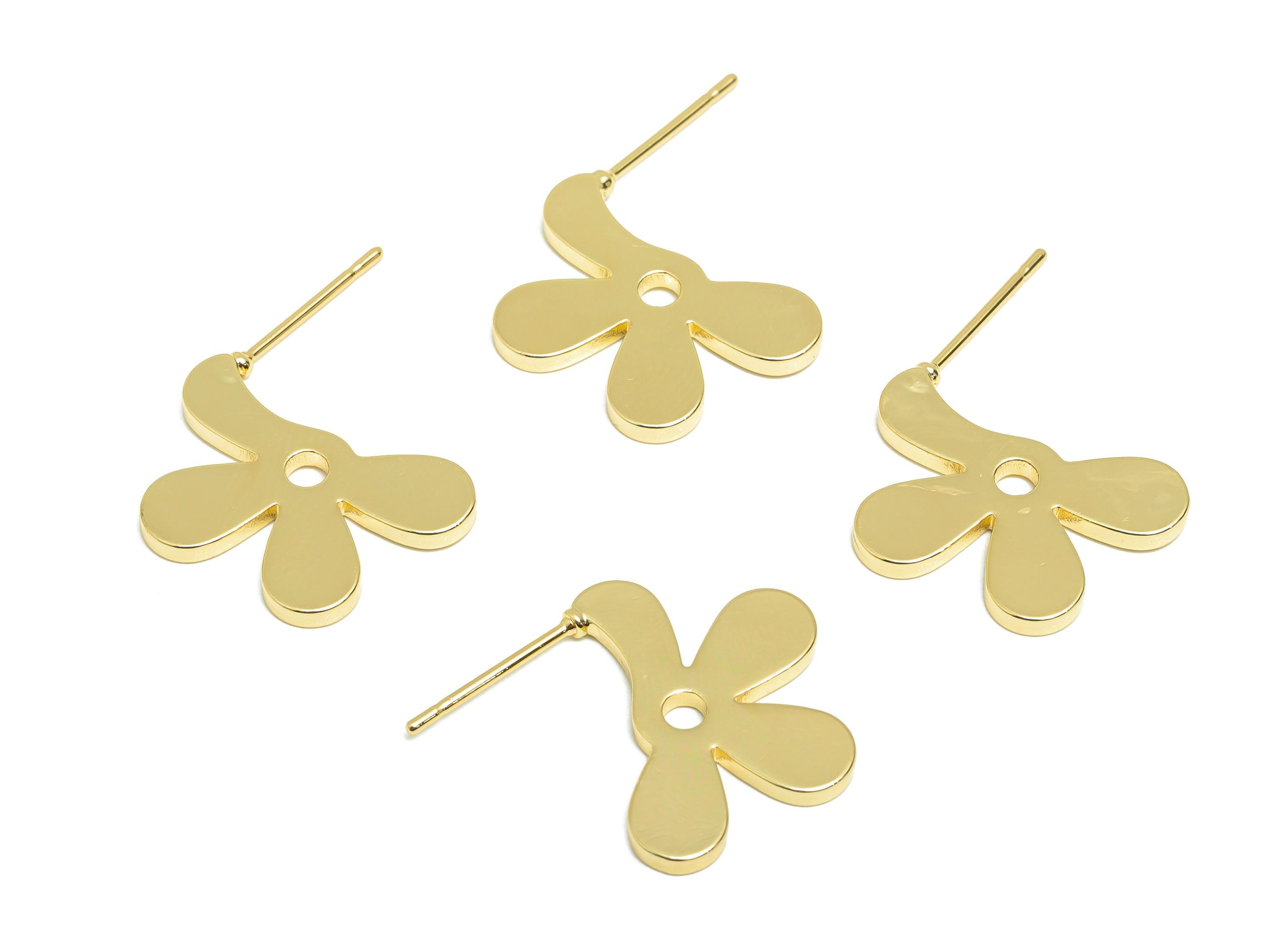 Brass Flower Earring - Gold Sleek Flower Earring Post - Everyday Gold Jewelry - Botanical Earring - 18K Real Gold Plated - 19x21x1mm-RGP9260 - DOMEDBAZAAR
