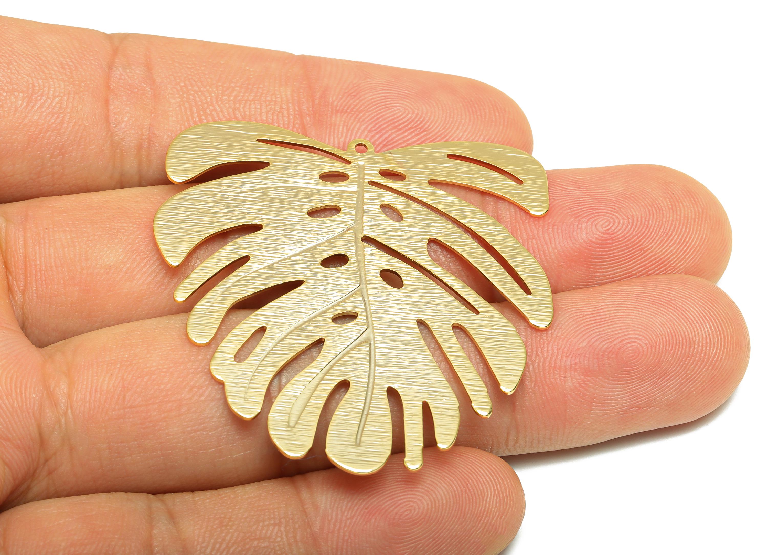 Monstera Leaf Charm - Brass Textured Gold Charm - Botanical Gold Pendant - Nature Jewelry - 18K Real Gold Plated - 45x44x0.7mm - RGP9274 - DOMEDBAZAAR