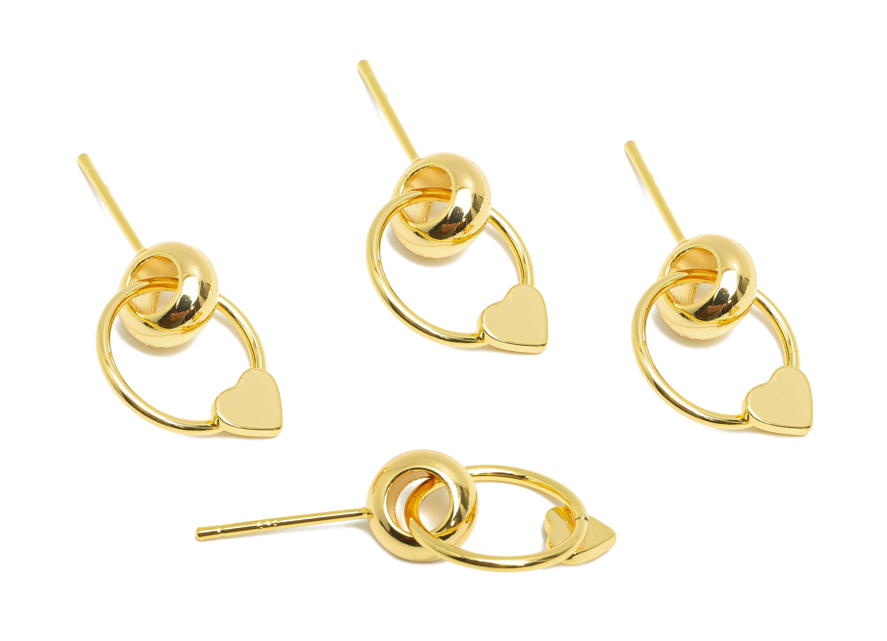 Brass Dangle Earring Stud - Brass Double Round Interlock Earring Post - Heart Dangle Earring Post -18K Real Gold-Plated - 18x13x4mm -RGP9444 - DOMEDBAZAAR