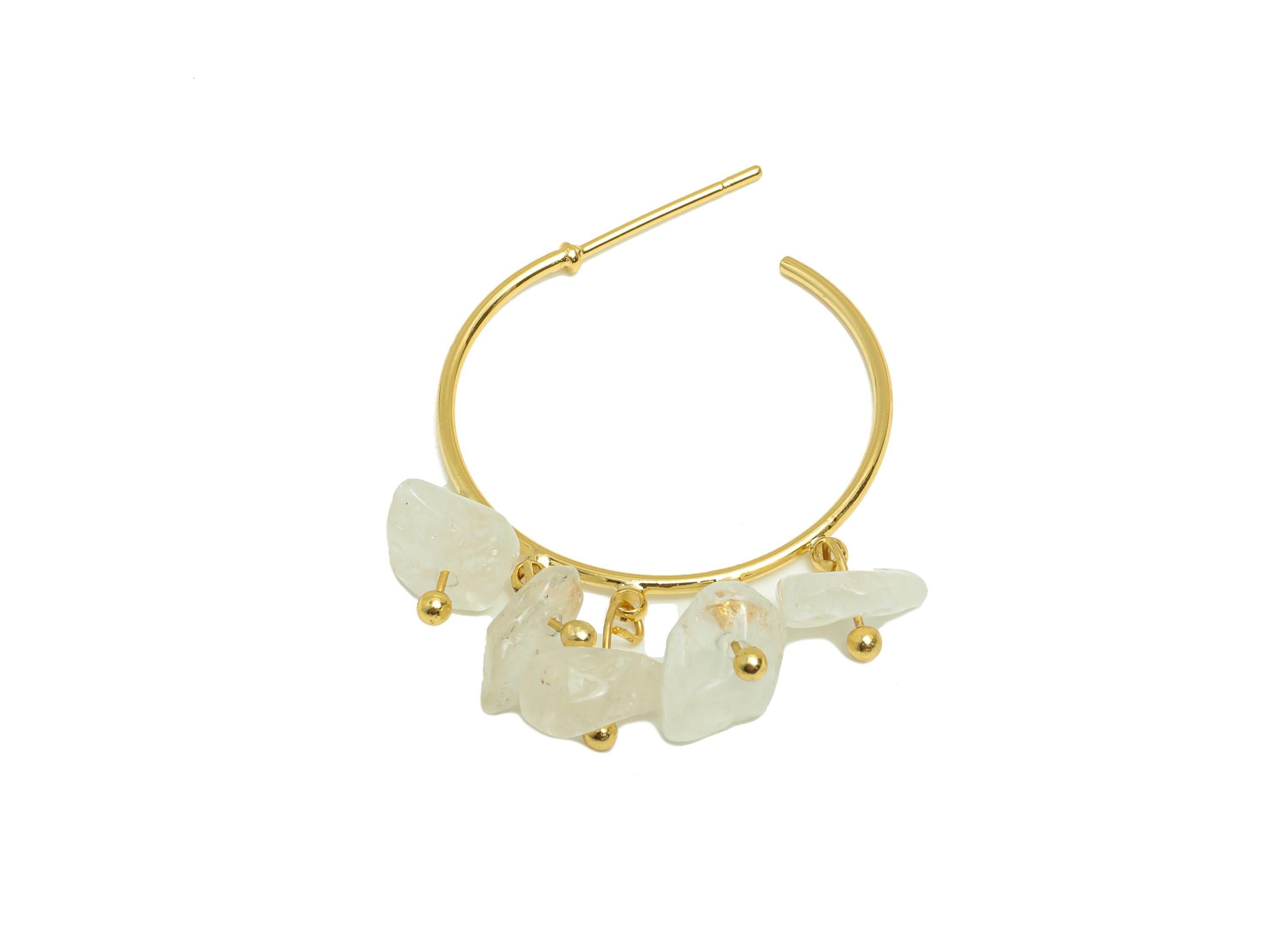 Clear Quartz Hoop Earring - Brass Dangle Hoop Handmade Earring - Boho Hoop C Earring Post - 18K Real Gold Plated - 40x25x3.8mm - RGP9283B - DOMEDBAZAAR