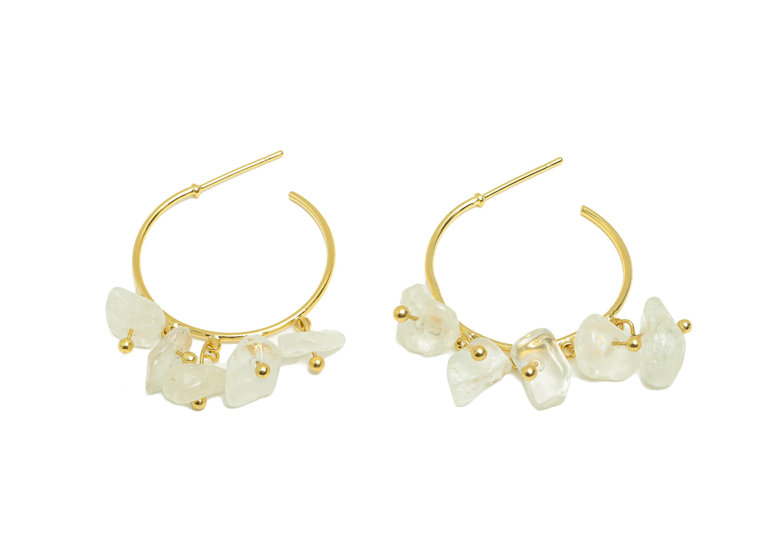 Clear Quartz Hoop Earring - Brass Dangle Hoop Handmade Earring - Boho Hoop C Earring Post - 18K Real Gold Plated - 40x25x3.8mm - RGP9283B - DOMEDBAZAAR