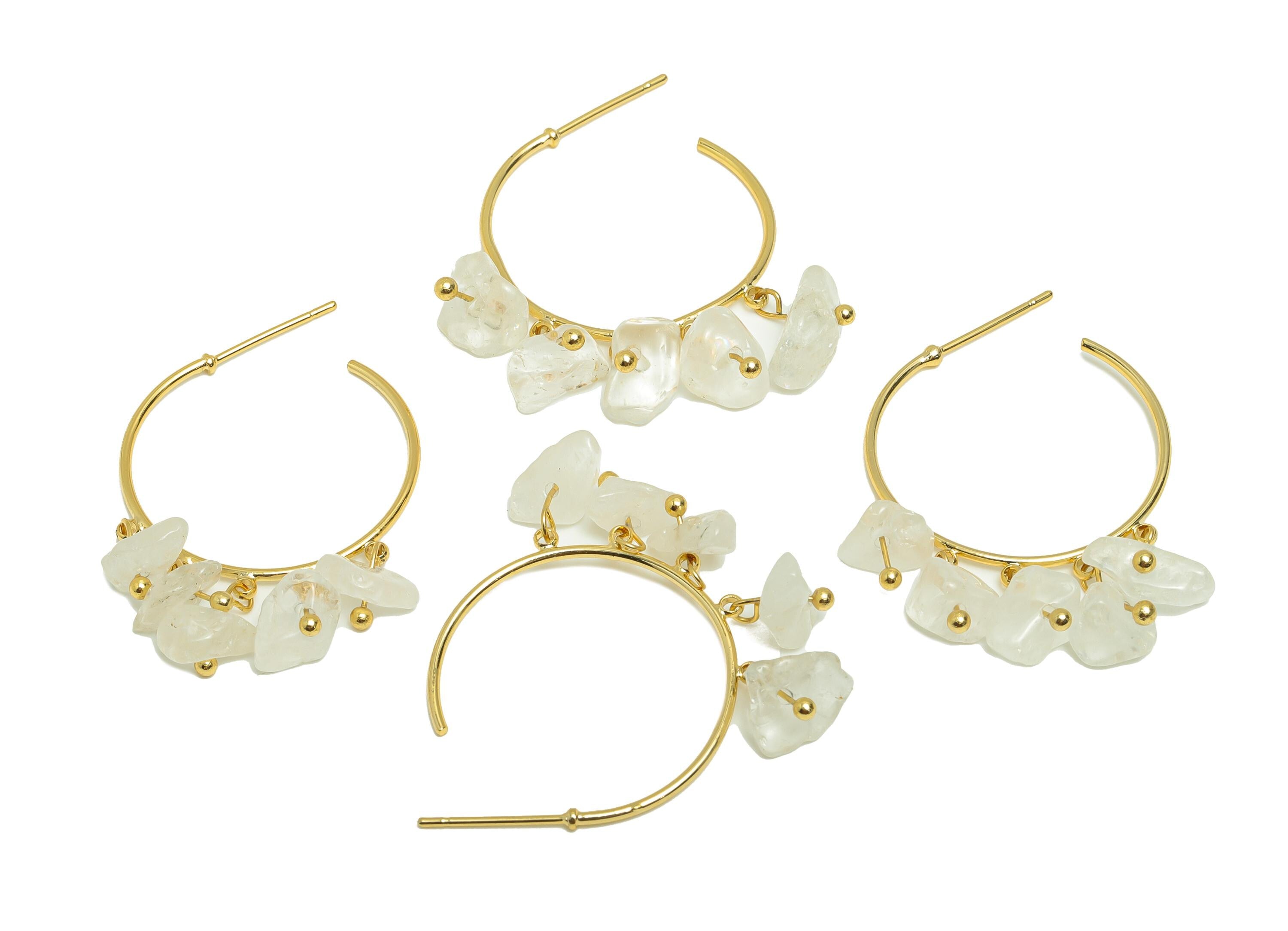 Clear Quartz Hoop Earring - Brass Dangle Hoop Handmade Earring - Boho Hoop C Earring Post - 18K Real Gold Plated - 40x25x3.8mm - RGP9283B - DOMEDBAZAAR